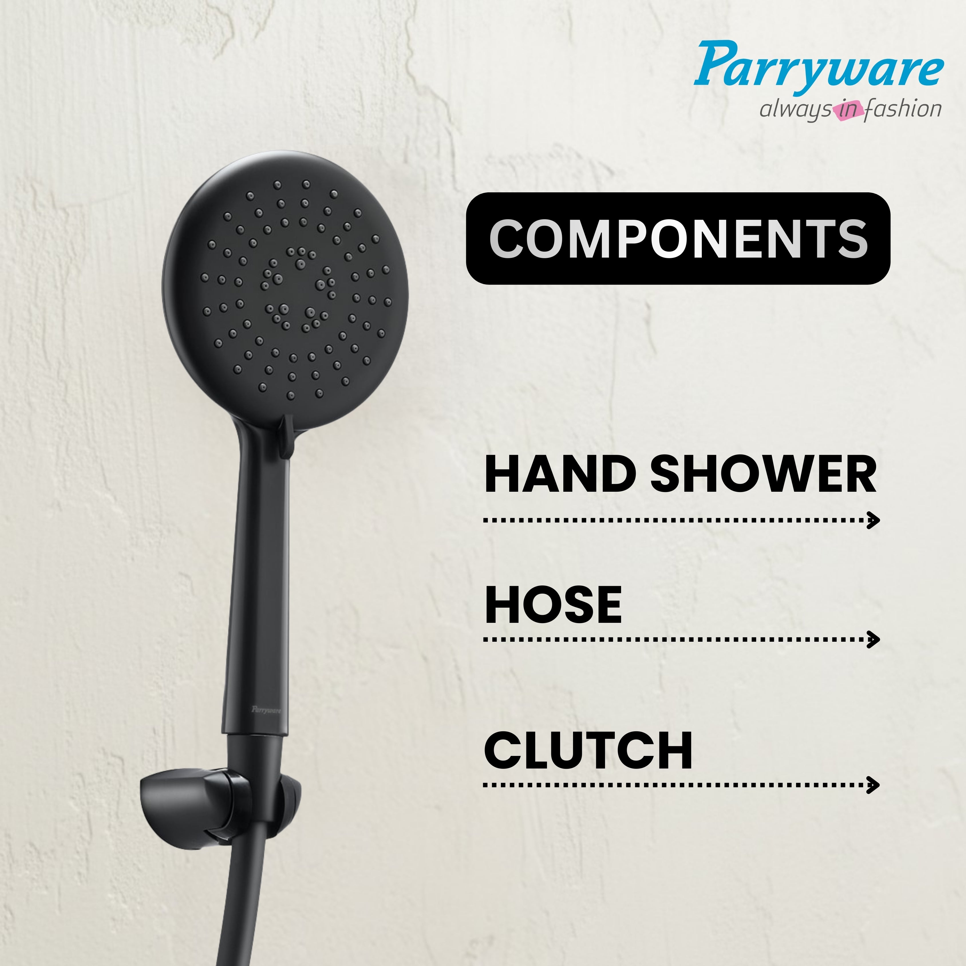 Parryware Airmix Button 3-Function Hand Shower 120 mm With 1.5 Meter Shower Hose Pipe & Wall Hook | Multi-Function Shower | Matte Black | Pack of 1 | for Bath Fixtures | T9862A1