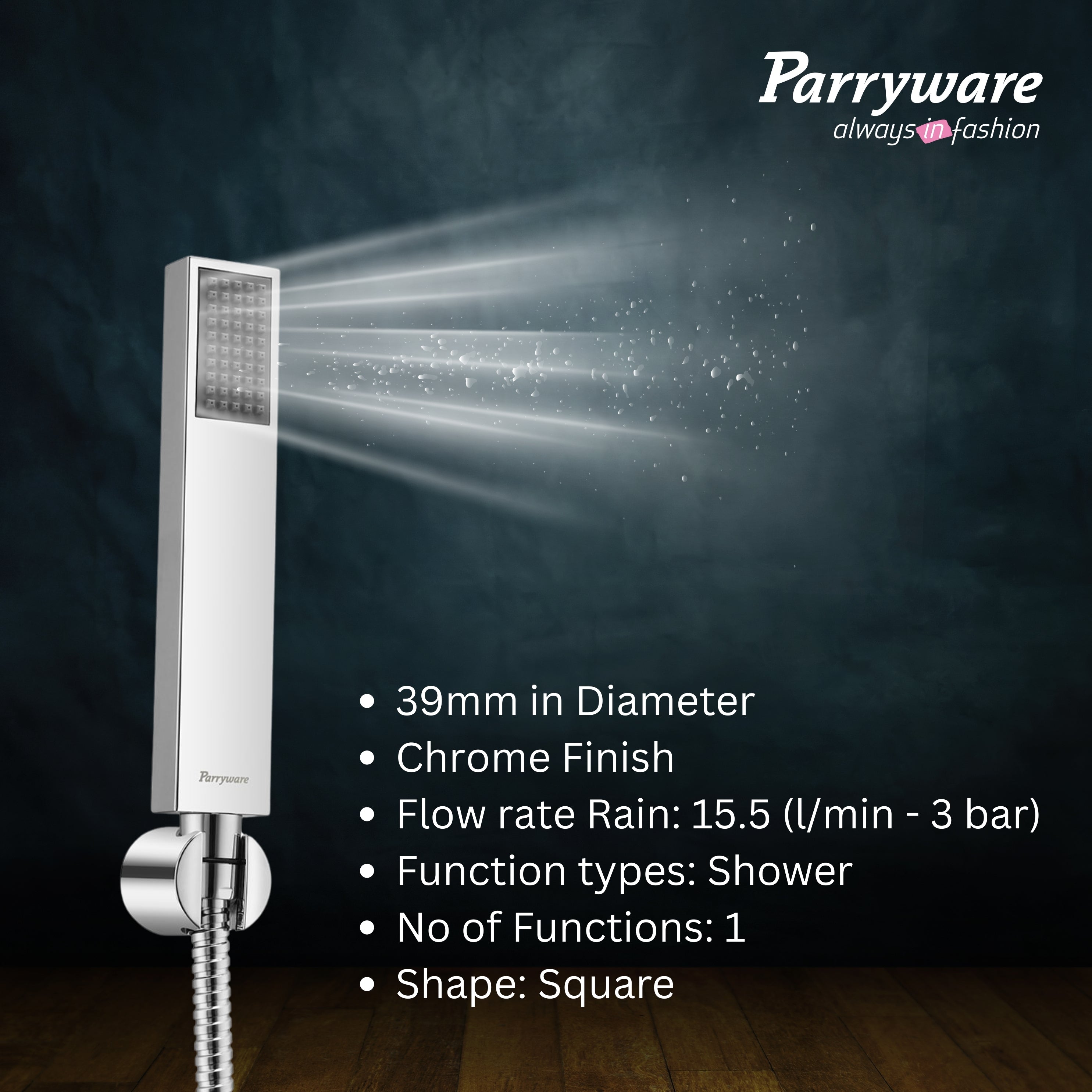 Parryware Sinatra Stick Hand Shower 30mm (with 1.5 mtr hose & hook) - Rain Flow | Square shaped | Massage spray for soothing effect | Chrome finish | T9946A1