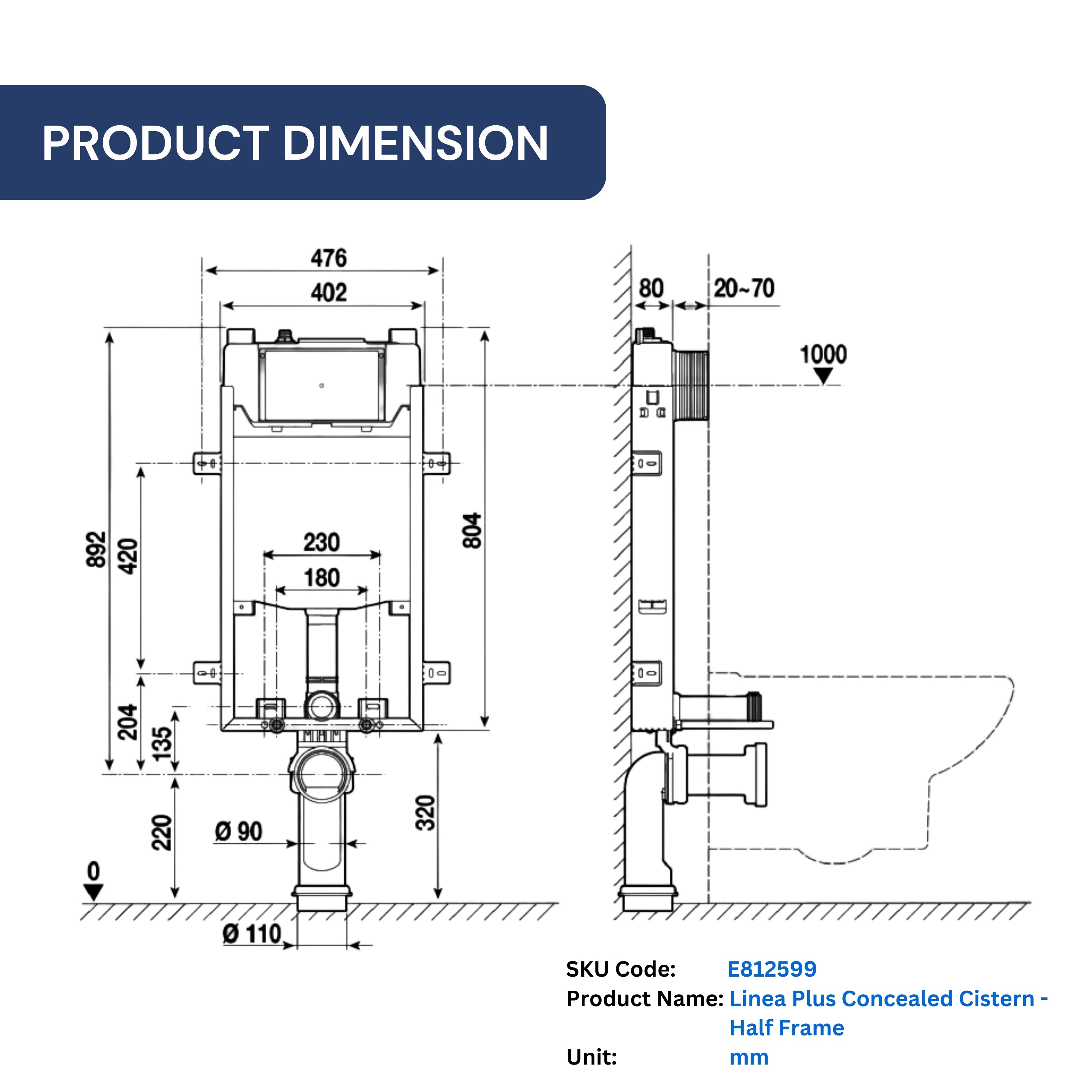 Parryware Linea Plus Concealed Flush Tank with Half Frame for Wall Hung Commodes | in-Wall Toilet Flush Tank for Modern Bathrooms| Space-Saving Concealed Tank | E812599