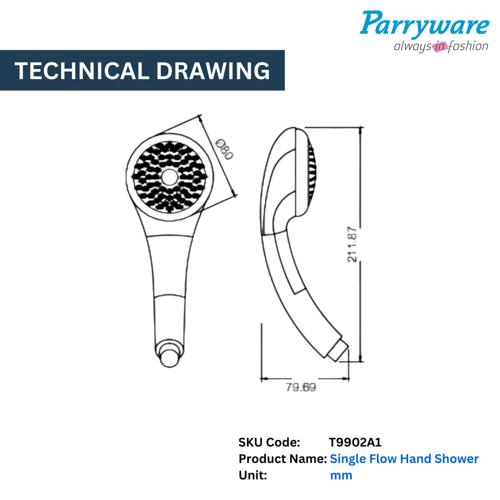 Parryware Brass Single Flow Hand Shower 80mm - Rain Flow | Handheld shower with Hose and Clutch | Chrome Finish | T9902A1