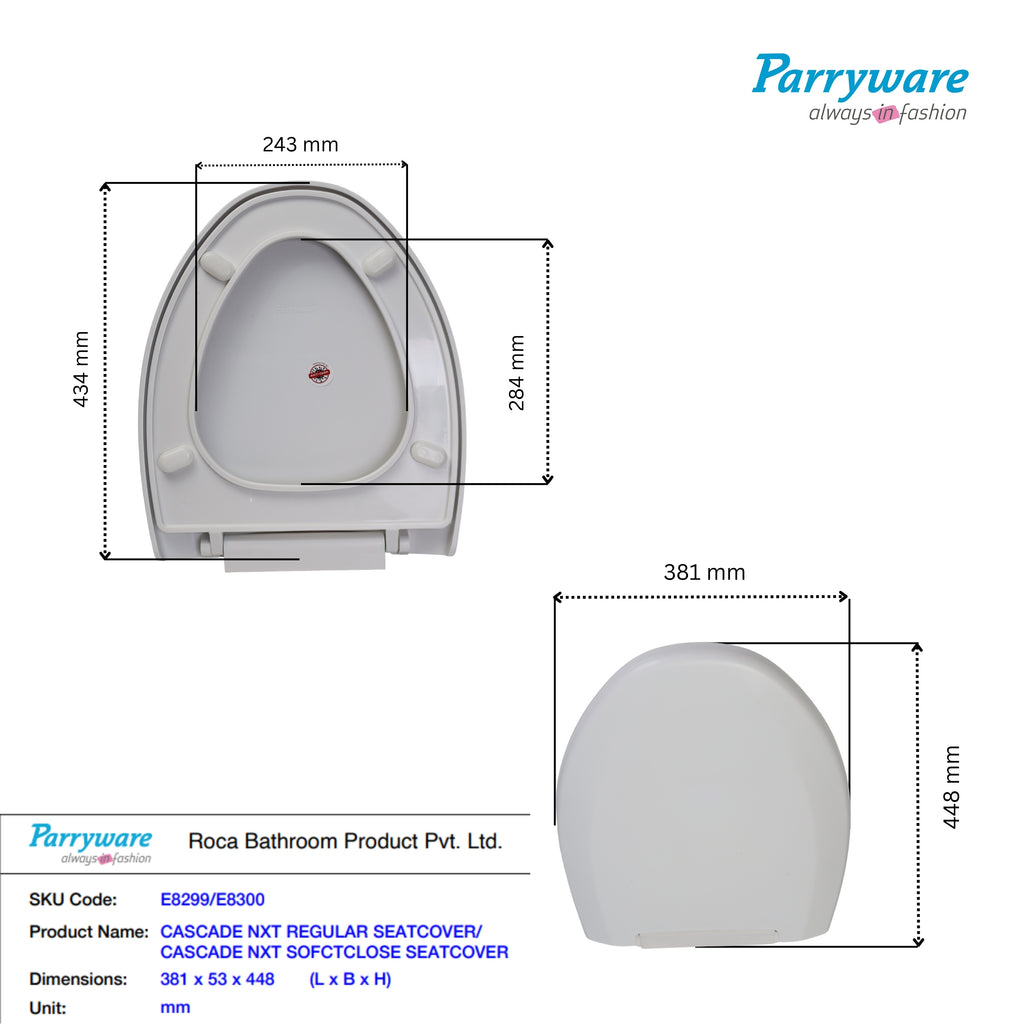 Parryware Casa Soft Close Seat Cover (E8300/E8382) with Adjustable Hinges | Eco-friendly Material with Superior Finish | Round Shape & Ultra White Colour Commode Seat Cover I Antibacterial Technology