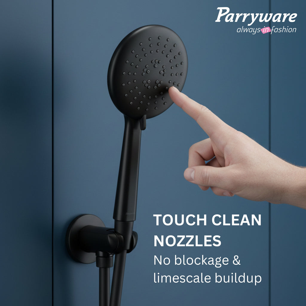 Parryware Airmix Button 3-Function Hand Shower 120 mm With 1.5 Meter Shower Hose Pipe & Wall Hook | Multi-Function Shower | Matte Black | Pack of 1 | for Bath Fixtures | T9862A1