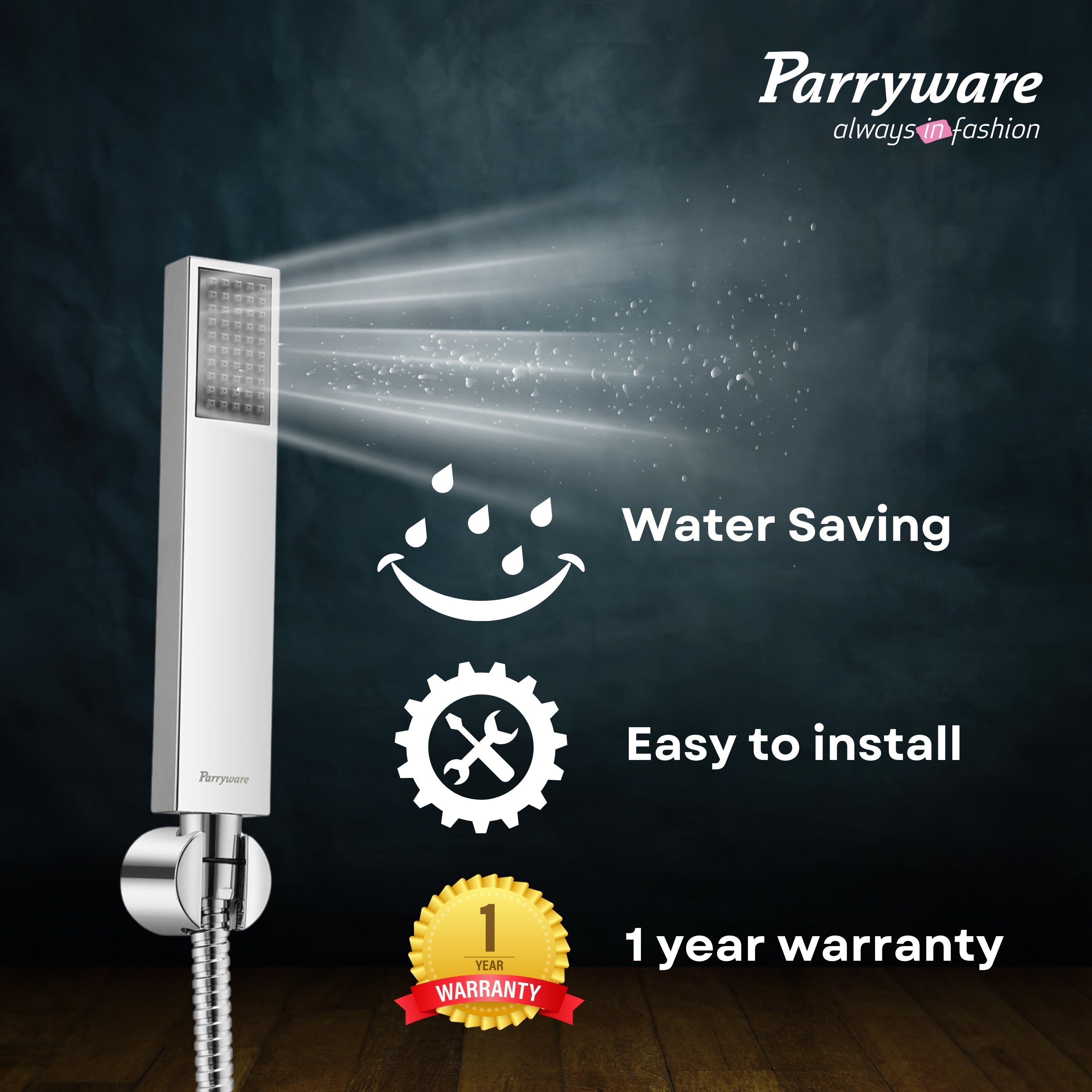 Parryware Sinatra Stick Hand Shower 30mm (with 1.5 mtr hose & hook) - Rain Flow | Square shaped | Massage spray for soothing effect | Chrome finish | T9946A1