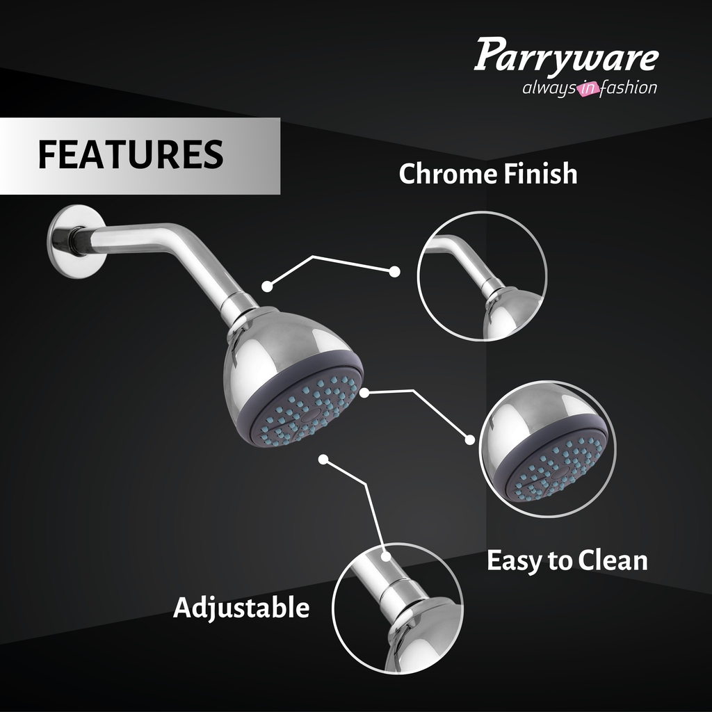 Parryware Alpha 80mm Rain Shower with shower arm for bathroom | For bathroom fixture | Wall mounted overhead shower with Chrome Finish | T9885A1