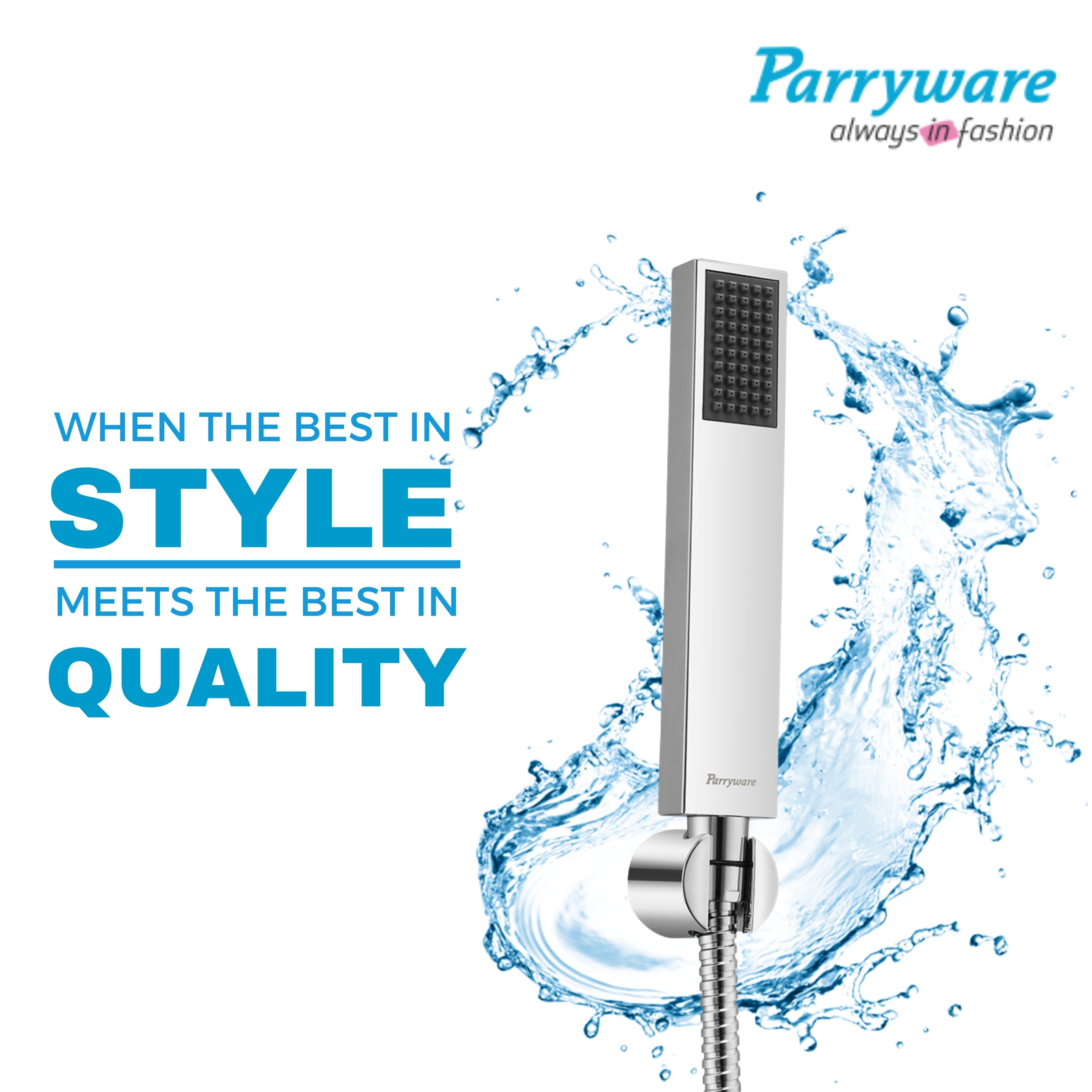 Parryware Sinatra Stick Hand Shower 30mm (with 1.5 mtr hose & hook) - Rain Flow | Square shaped | Massage spray for soothing effect | Chrome finish | T9946A1