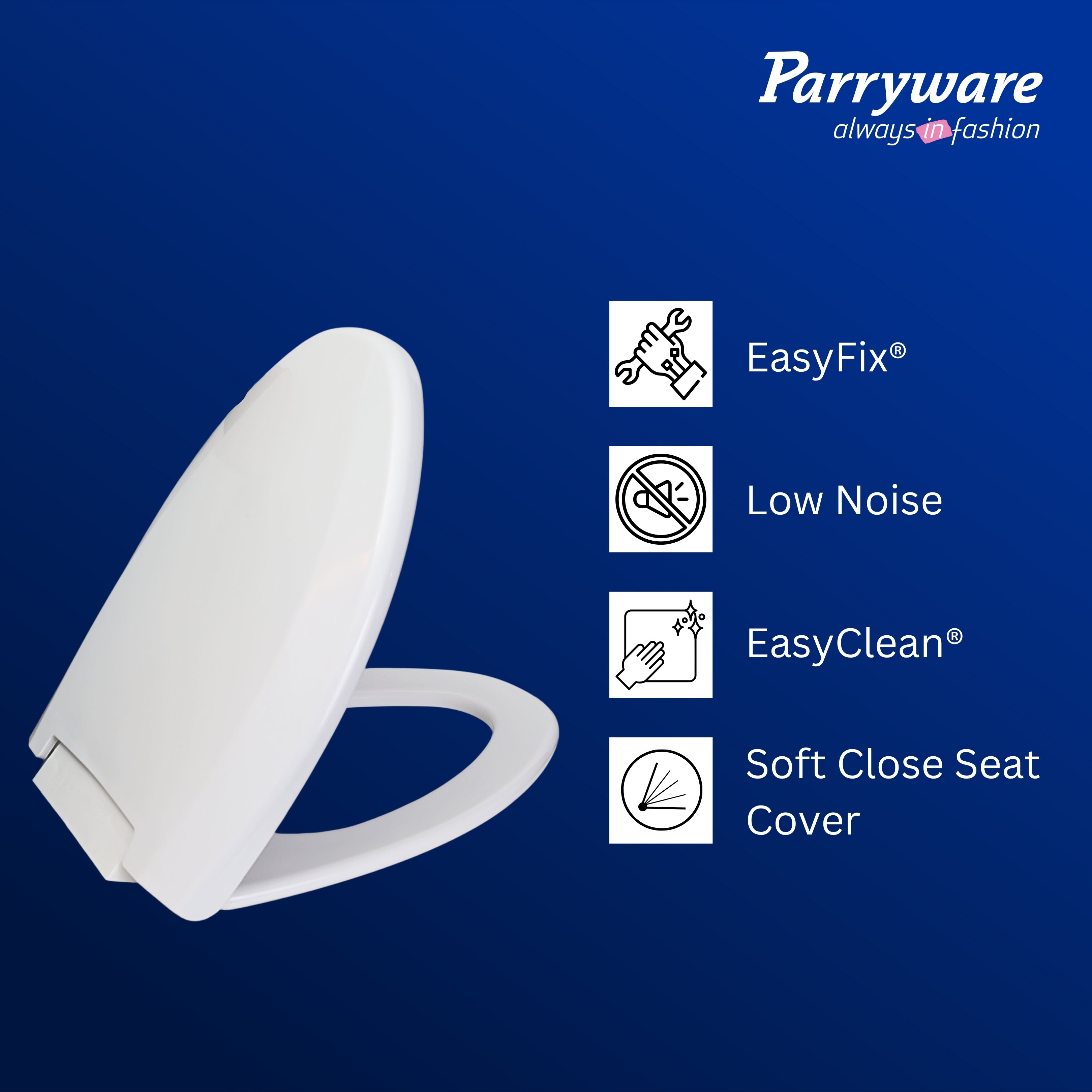 Parryware Casa/Cascade NXT Elongated Soft Close Toilet Seat Cover, White | Polypropylene Seat cover with plastic hinges | 381 x 53 x 448 (mm) | E83821C