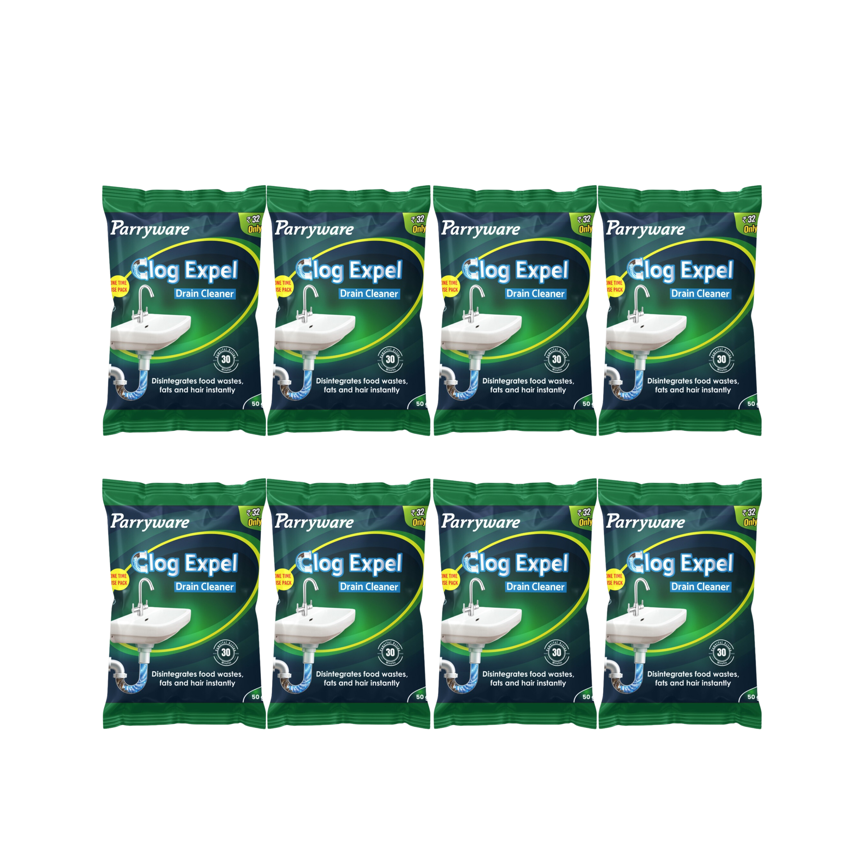 Parryware Clog Expel Drain Cleaner Powder Sachets (Pack of 50g x 8) | Removes Blockages in Pipes, Sinks & Septic Tanks| Works within 15 minutes | FCCE0106