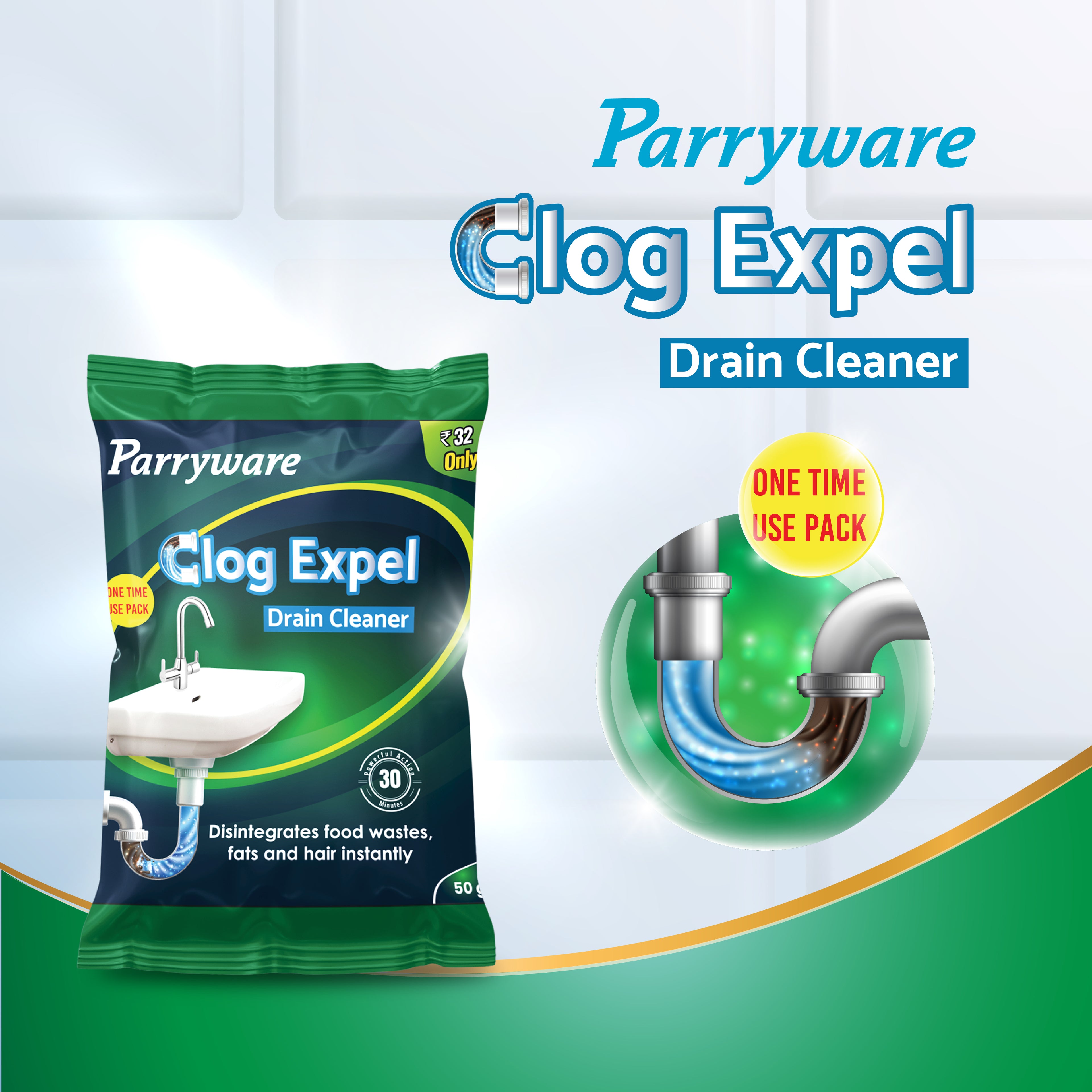 Parryware Clog Expel Drain Cleaner Powder Sachets (Pack of 50g x 8) | Removes Blockages in Pipes, Sinks & Septic Tanks| Works within 15 minutes | FCCE0106