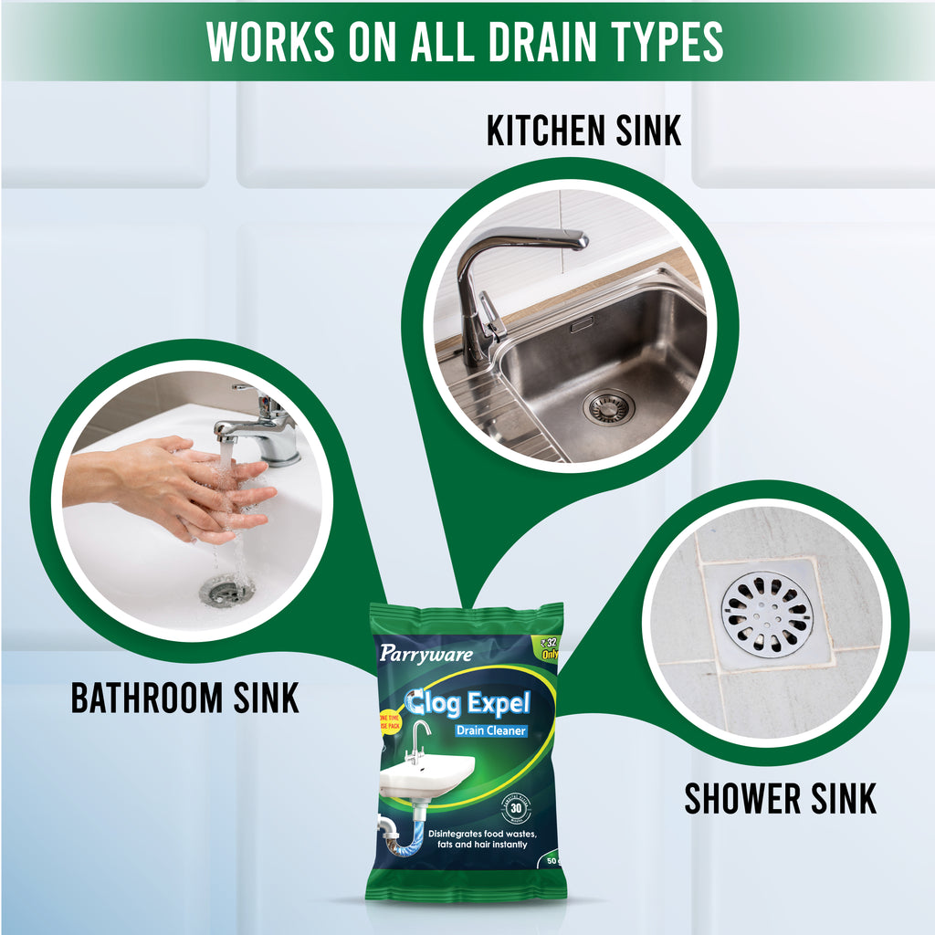 Parryware Clog Expel Drain Cleaner Powder Sachets (Pack of 50g x 8) | Removes Blockages in Pipes, Sinks & Septic Tanks| Works within 15 minutes | FCCE0106