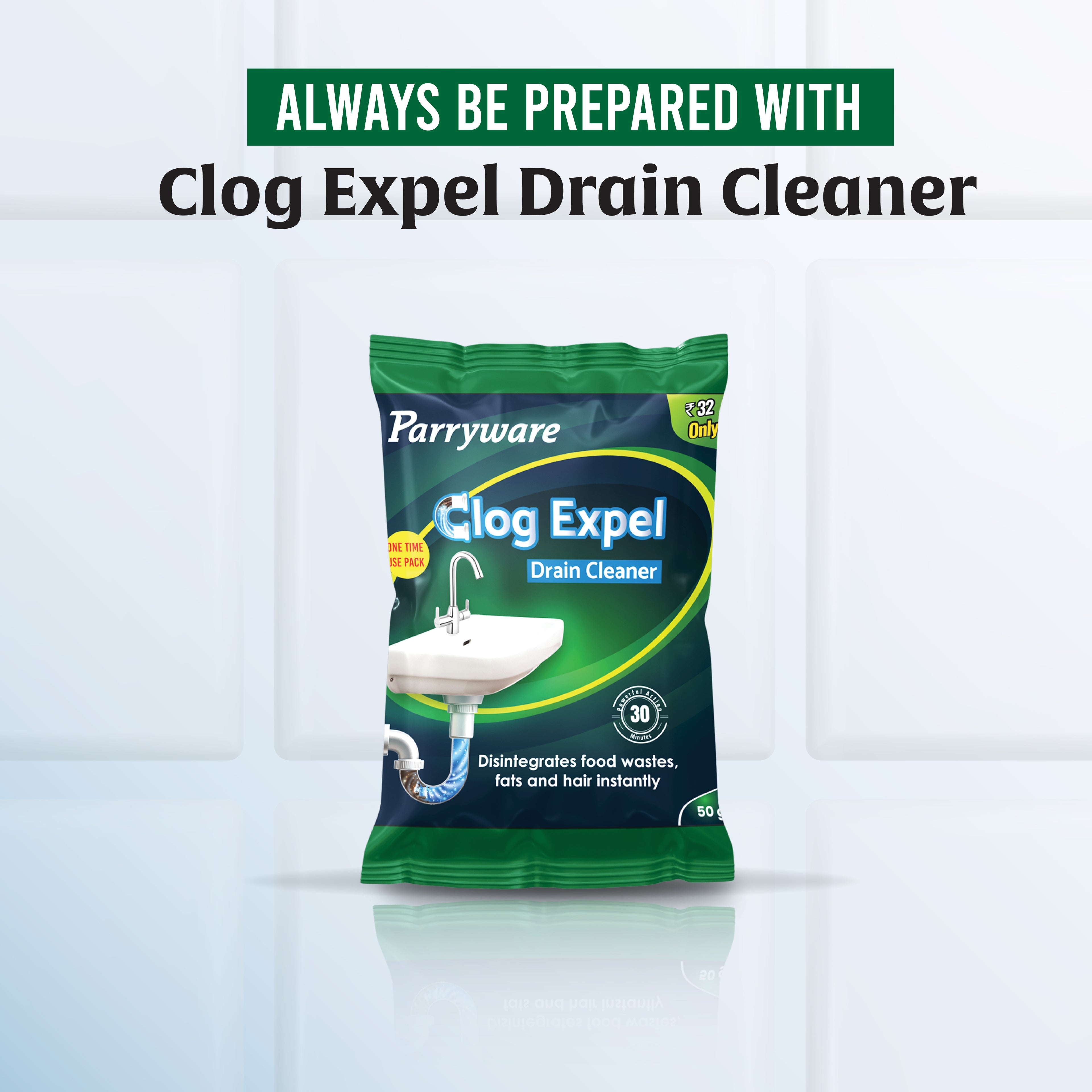 Parryware Clog Expel Drain Cleaner Powder Sachets (Pack of 50g x 8) | Removes Blockages in Pipes, Sinks & Septic Tanks| Works within 15 minutes | FCCE0106