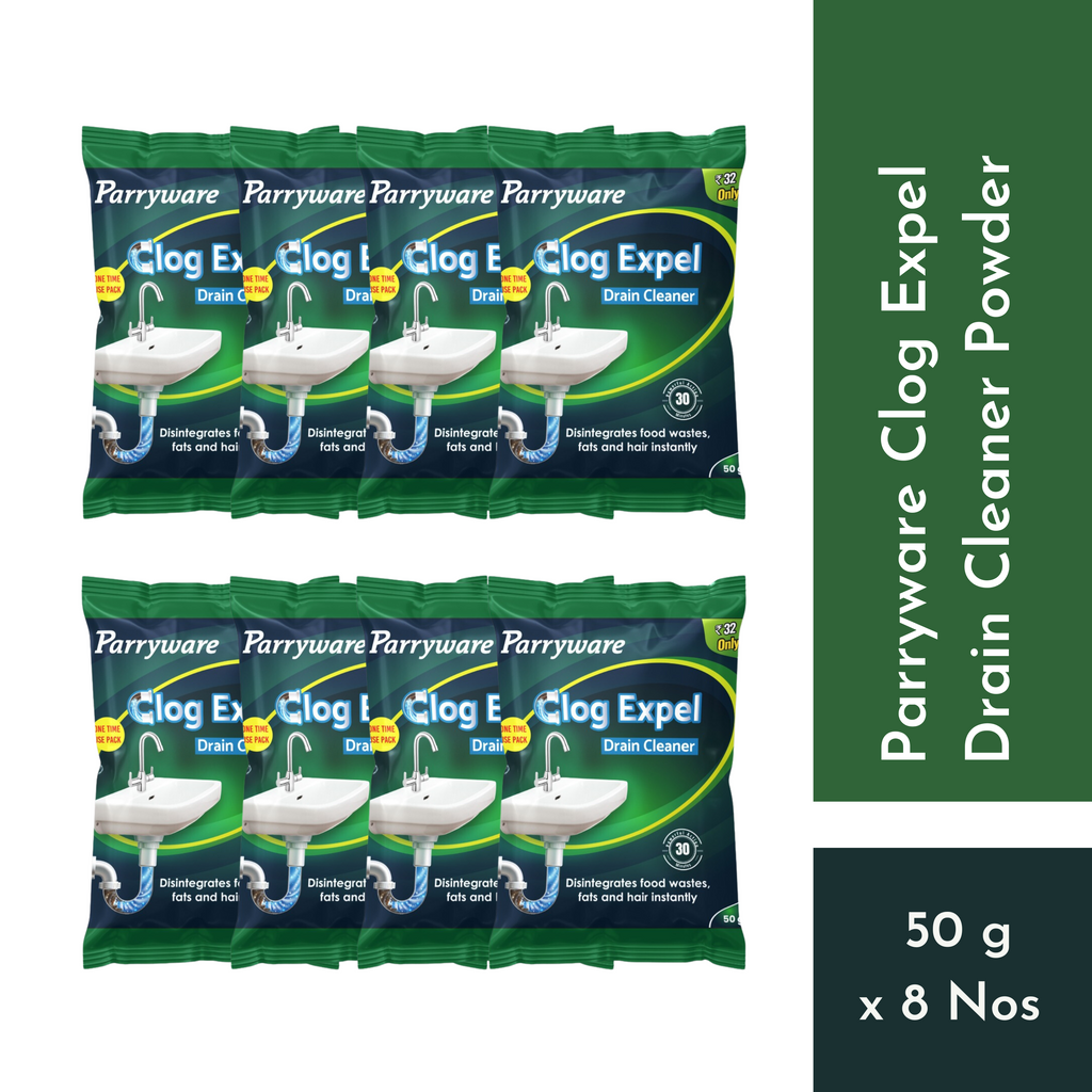 Parryware Clog Expel Drain Cleaner Powder Sachets (Pack of 50g x 8) | Removes Blockages in Pipes, Sinks & Septic Tanks| Works within 15 minutes | FCCE0106
