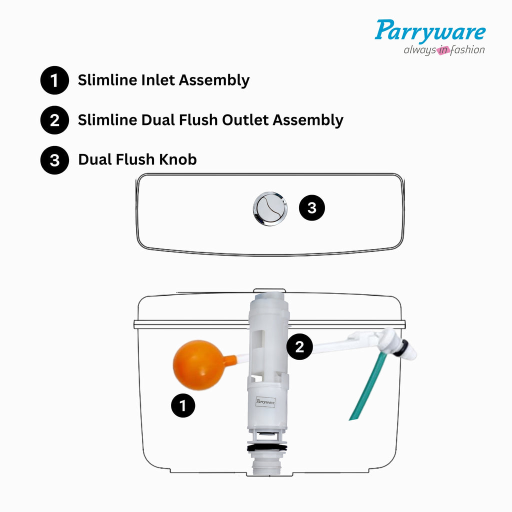 PARRYWARE SLIMLINE PREMIUM Series Polymer/PVC Dual Flush System Exposed CISTERN/Flush Tank (White) | 10-5L, Top Center Lever | for Western (WC) or Indian Commodes | E83921C