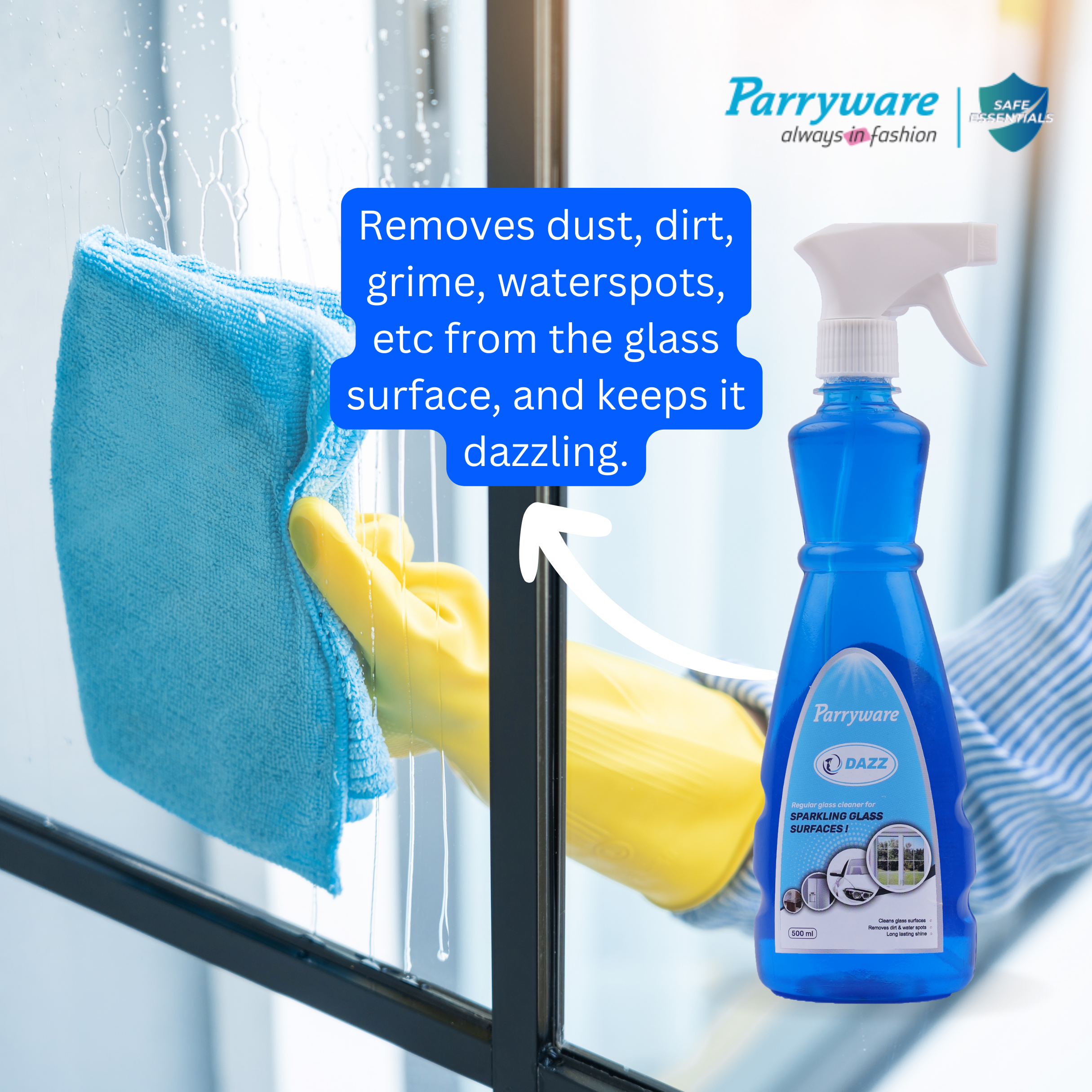 Parryware DAZZ Regular glass cleaner 500ml I For Sparkling Glass, Mirror, Tabletop, Car Glass, Car Windows | FCGC0203