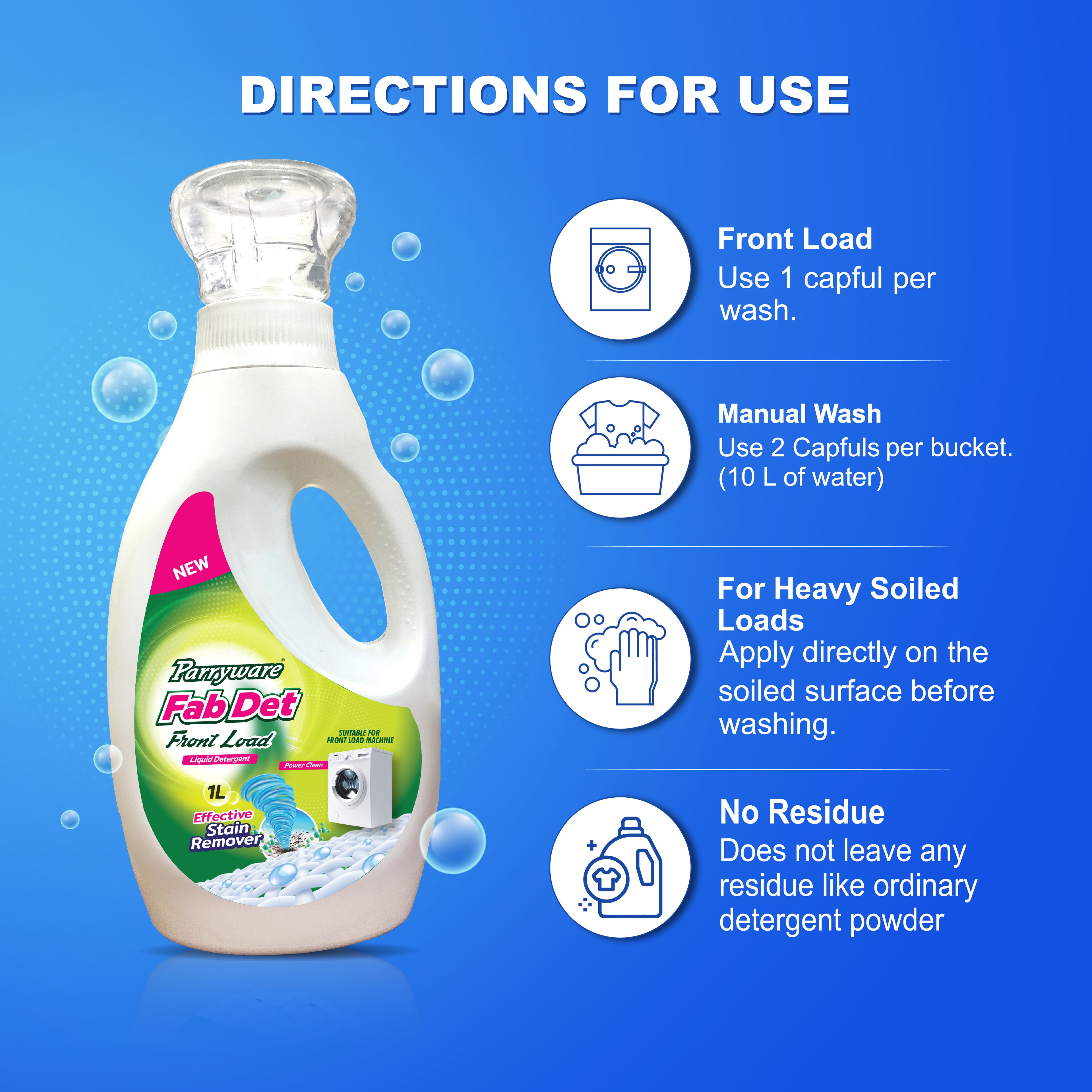Parryware Fab Det Liquid Detergent for Front Load washing machines 1000 ml Pack | Power Clean Formula | Removes 100 Dried Stains in 1 Wash | Dissolves Faster | Color Protection | FCLD0104