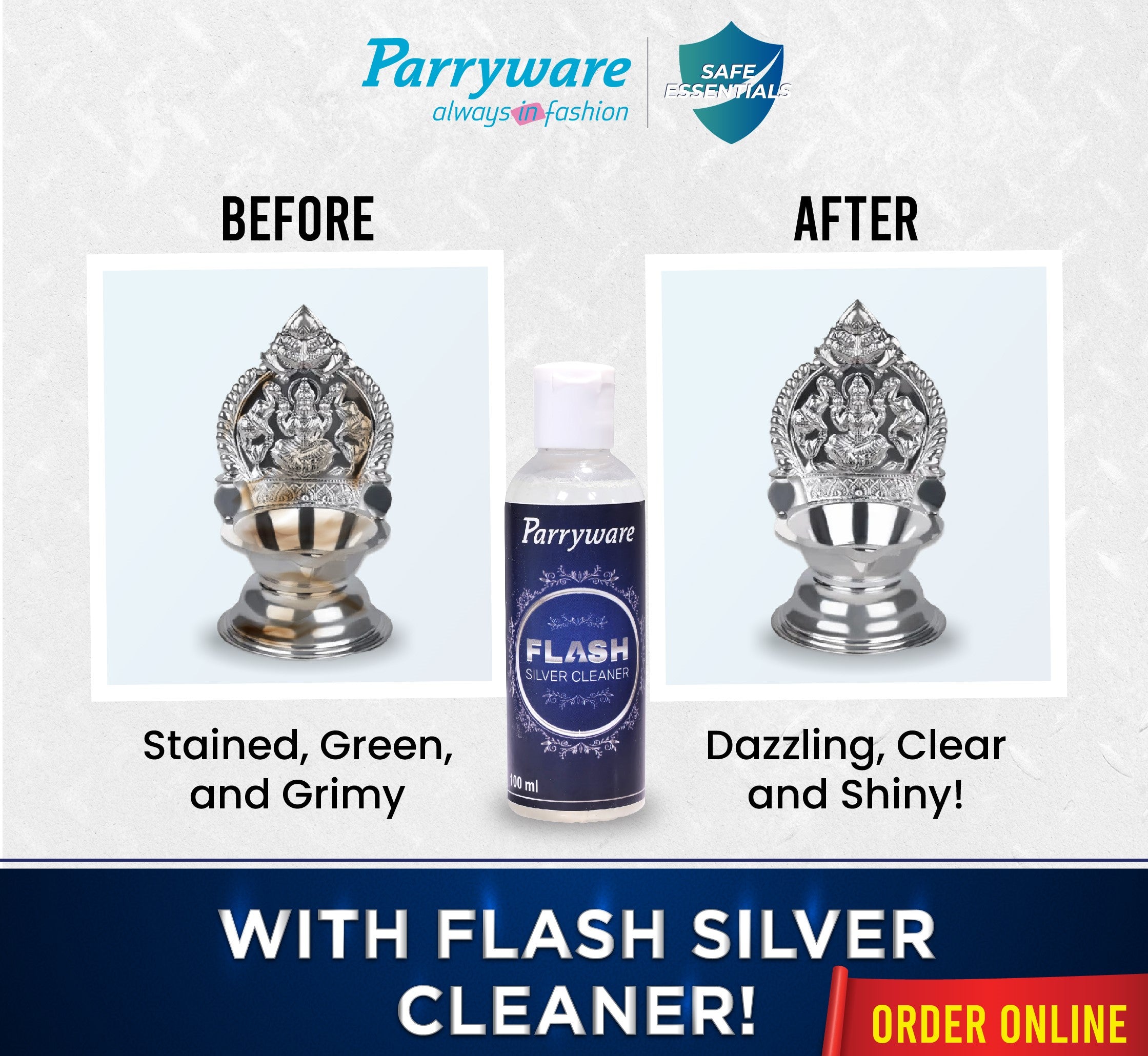 Parryware FLASH Silver Cleaning Liquid 100 ml | Removes tarnishes from Silver Jewellery, Ornaments & Pooja Items | FCSC0101