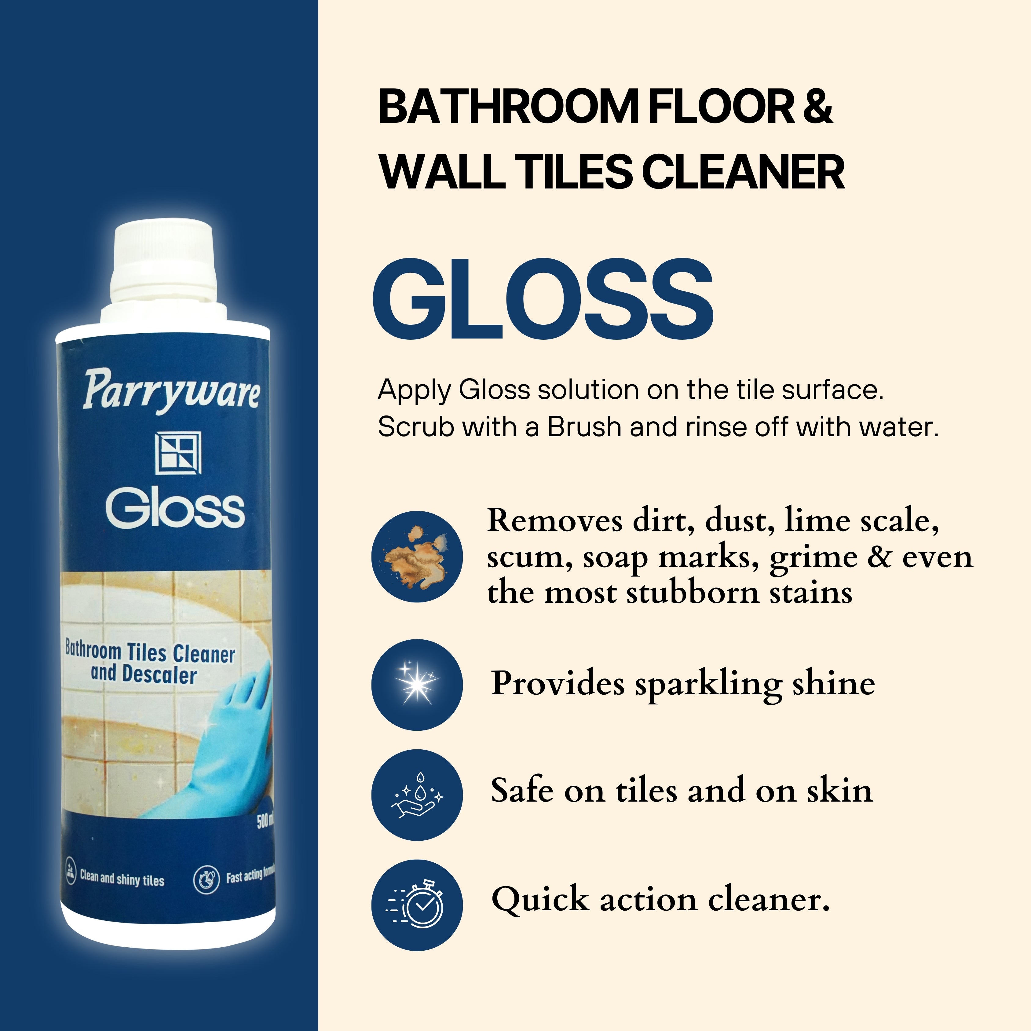 Parryware Gloss Bathroom Tiles Cleaner & Descaler | Removes Tough Limescales from Floor & Wall Tiles | Reduced Scrubbing Effort, Non-Toxic | Suitable for Bathroom 500 ml | FCTC0103