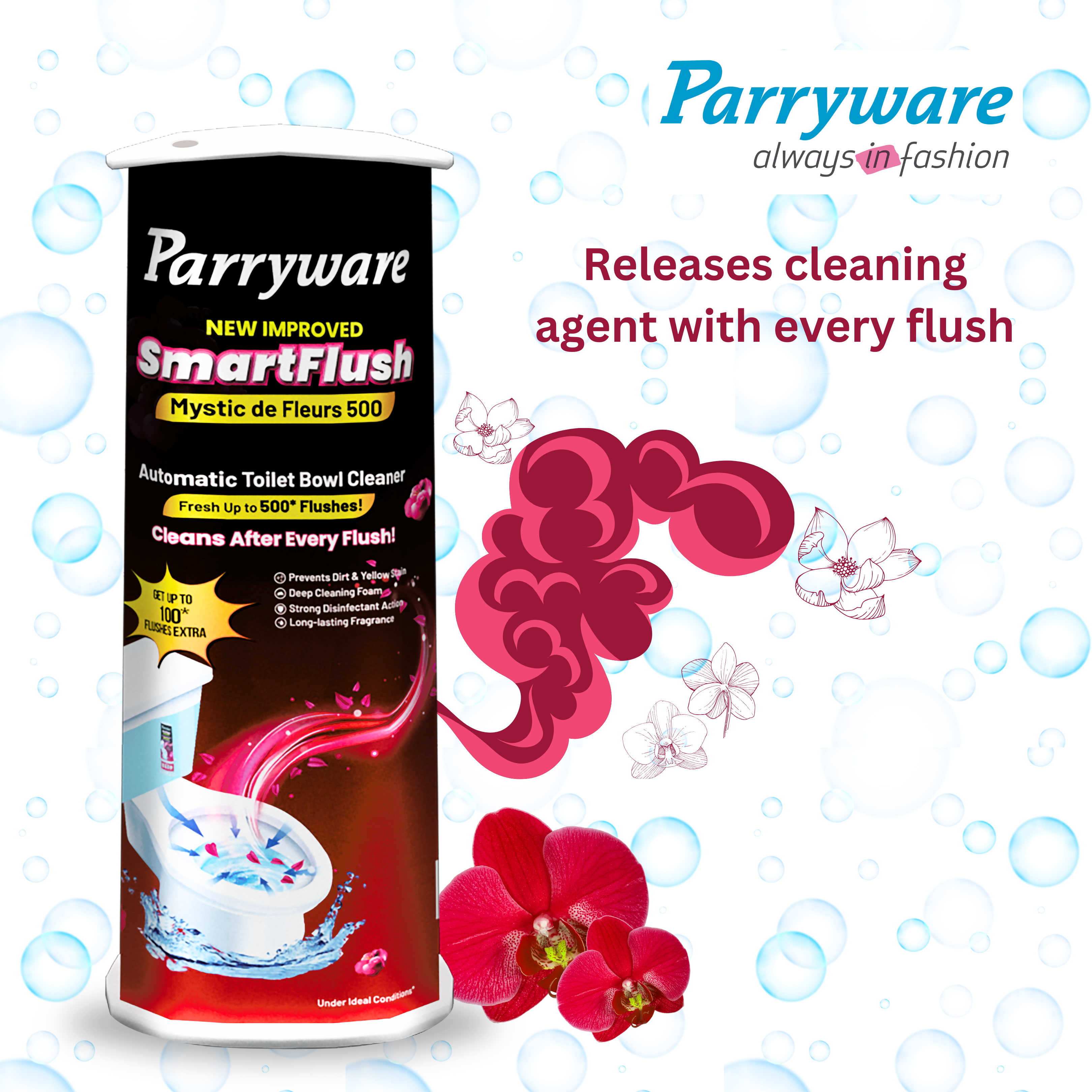 Parryware SmartFlush Mystic de Fleurs 500 In-Cistern Automatic Toilet Bowl Cleaner 180g | Lasts upto 600* Flushes | 99.9% Disinfection | Cleans after every flushes - FCSF0303