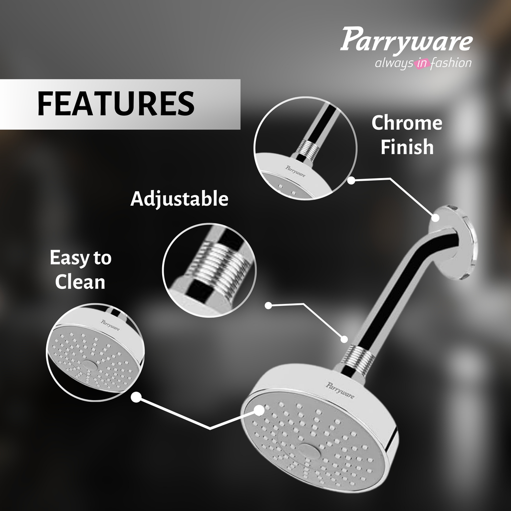 Parryware Pluto 100mm Rain Shower Overhead Shower for bathroom | Overhead Shower with Arm | For Bath Fixtures | Chrome Finish | E8380A1