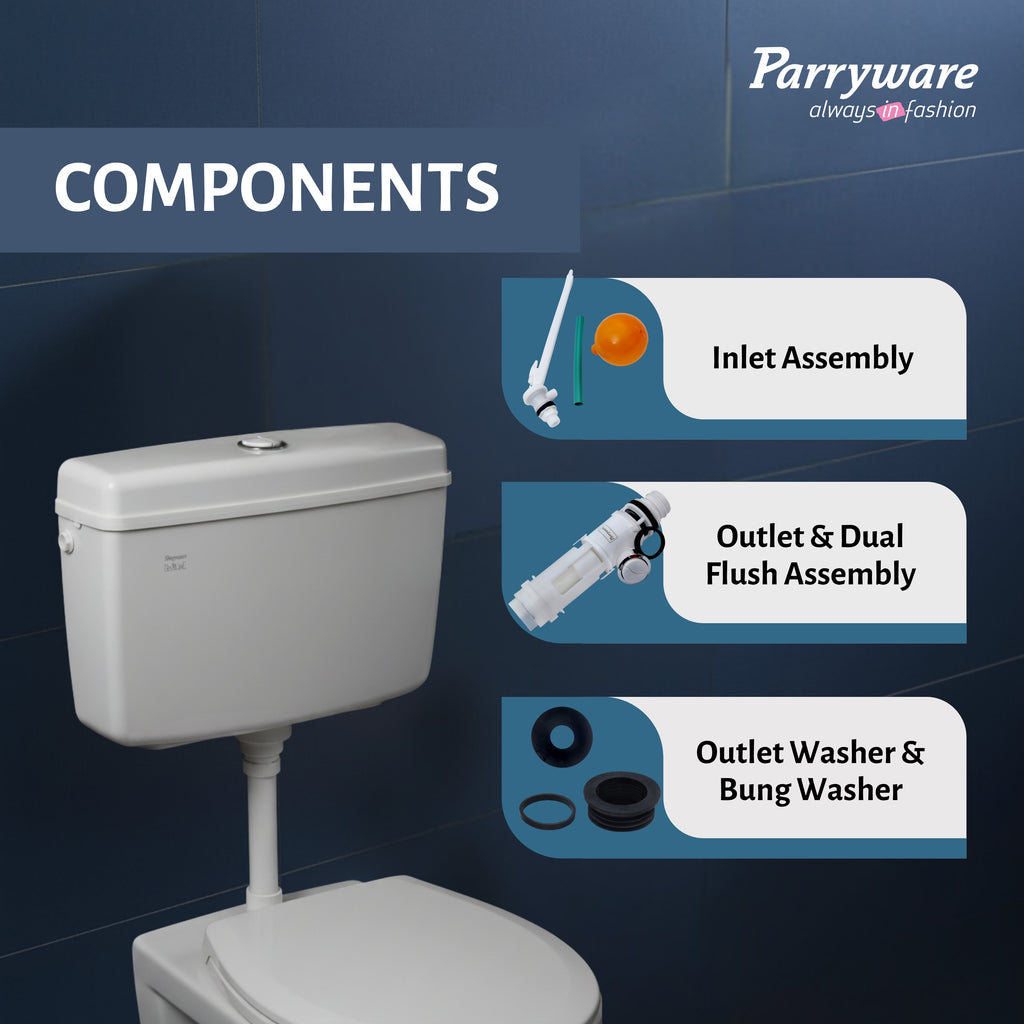 PARRYWARE SLIMLINE PREMIUM Series Polymer/PVC Dual Flush System Exposed CISTERN/Flush Tank (White) | 10-5L, Top Center Lever | for Western (WC) or Indian Commodes | E83921C