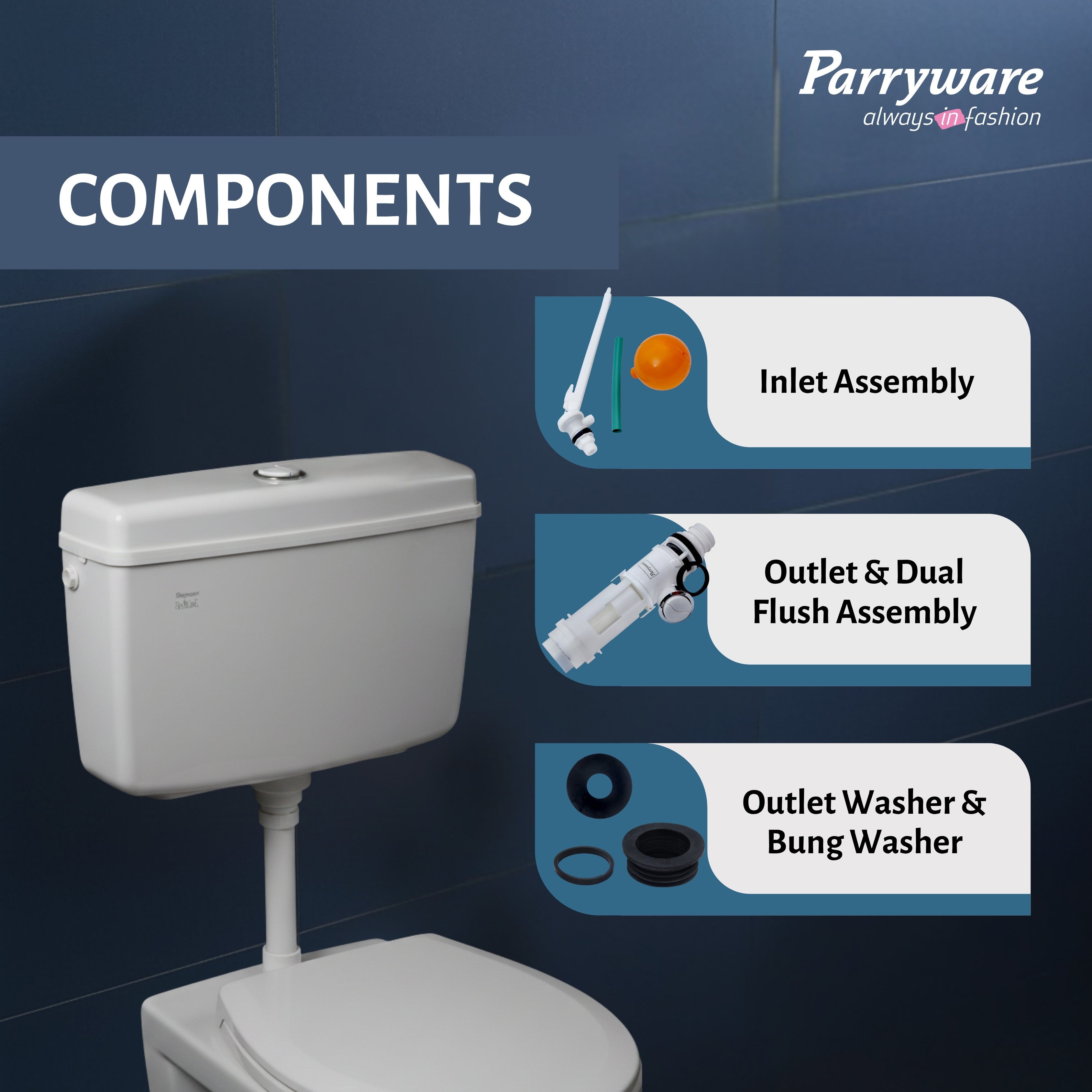 PARRYWARE SLIMLINE PREMIUM Series Polymer/PVC Dual Flush System Exposed CISTERN/Flush Tank (White) | 10-5L, Top Center Lever | for Western (WC) or Indian Commodes | E83921C