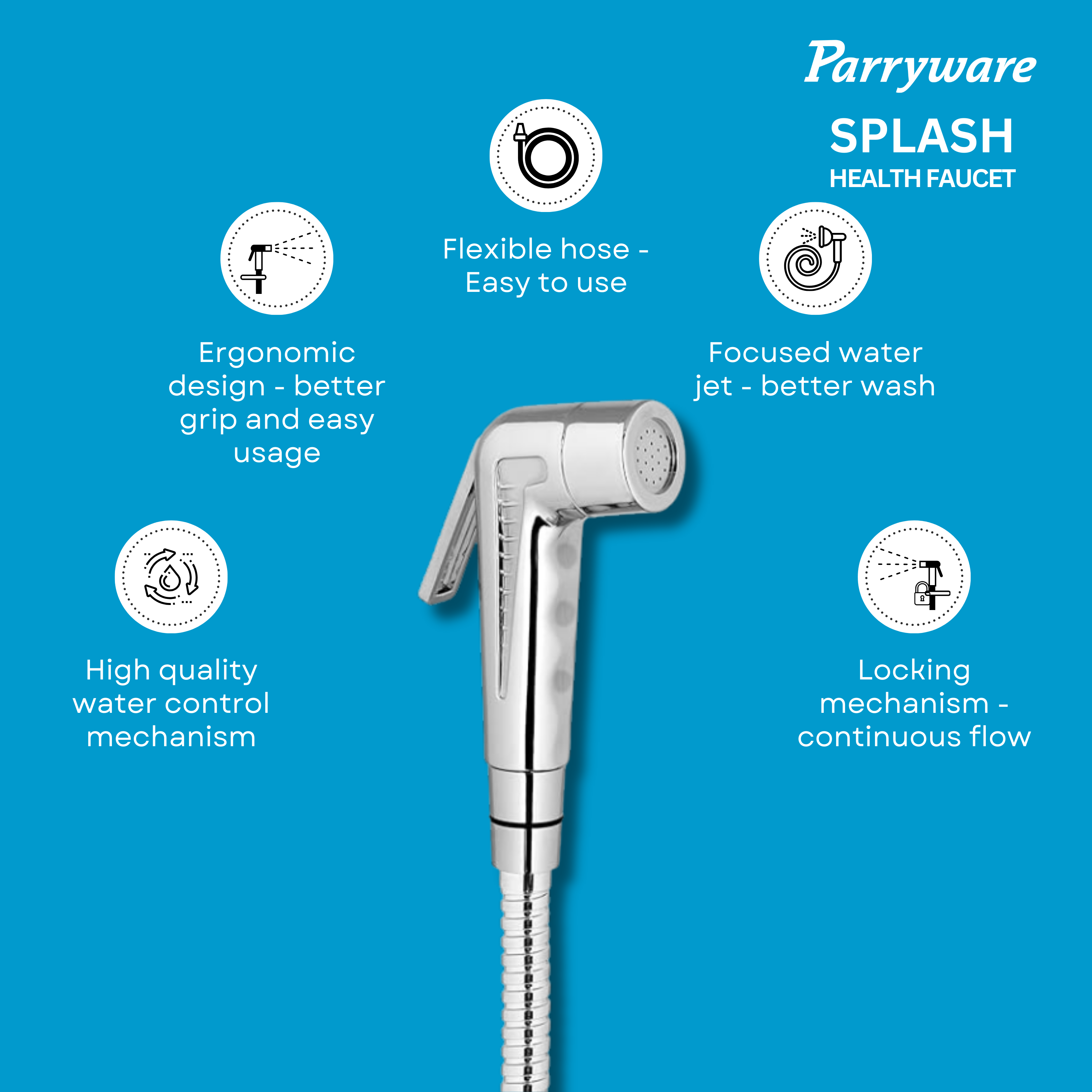 PARRYWARE Splash Series Health Faucet/Toilet Gun (Stainless Steel) | PVC Pipe, Wall Hook Included, ABS Body | Toilet Spray Gun/Health Faucet Set with Pipe/Hose and Wall Hook | T9805A1