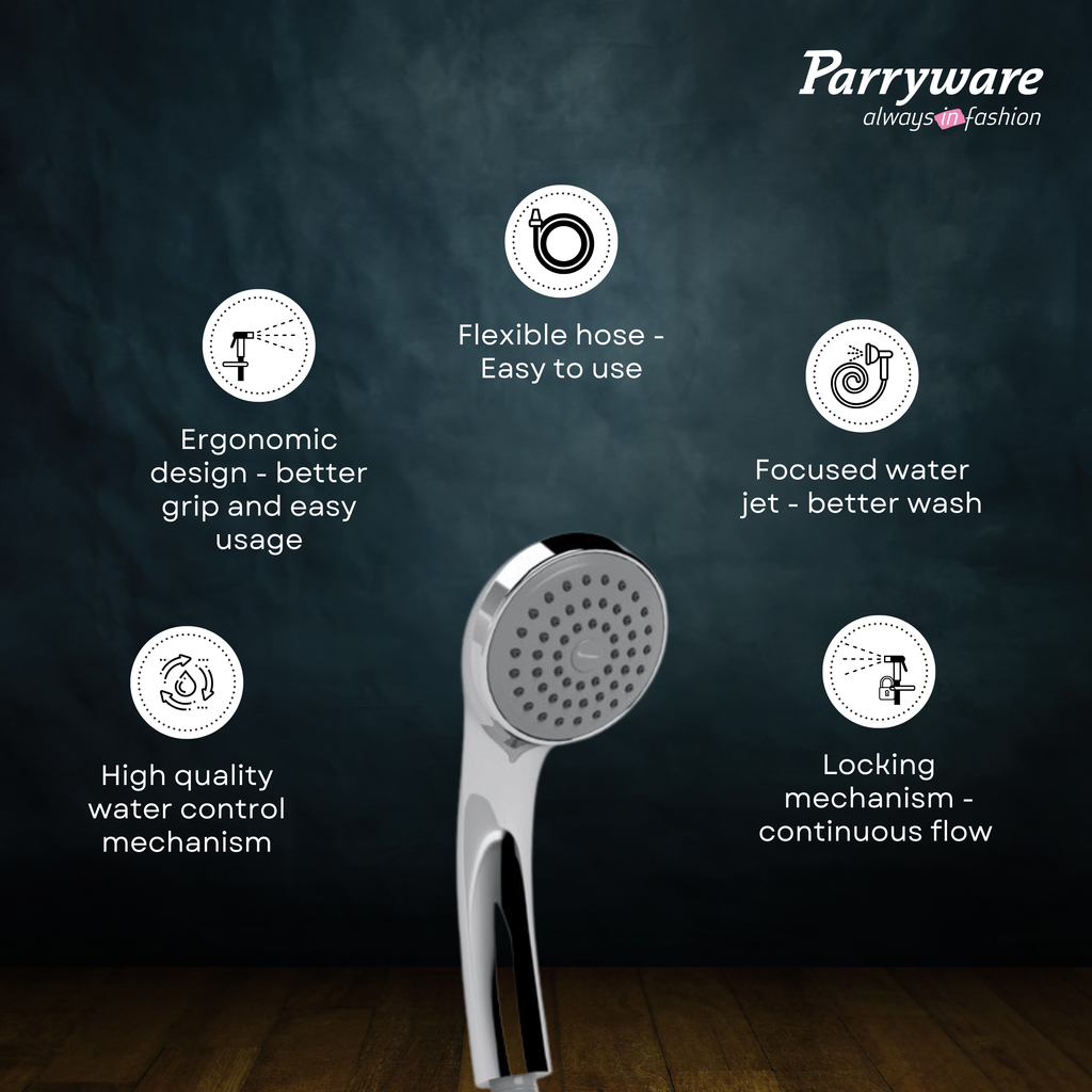 Parryware Single Flow Hand Shower With Hose & Clutch | Handheld Shower for Bathroom with Steel Flexible Tube Pipe 1 Meter/Hand Shower with Hose Pipe for Home/Hotel | Chrome Finish | E8376A1