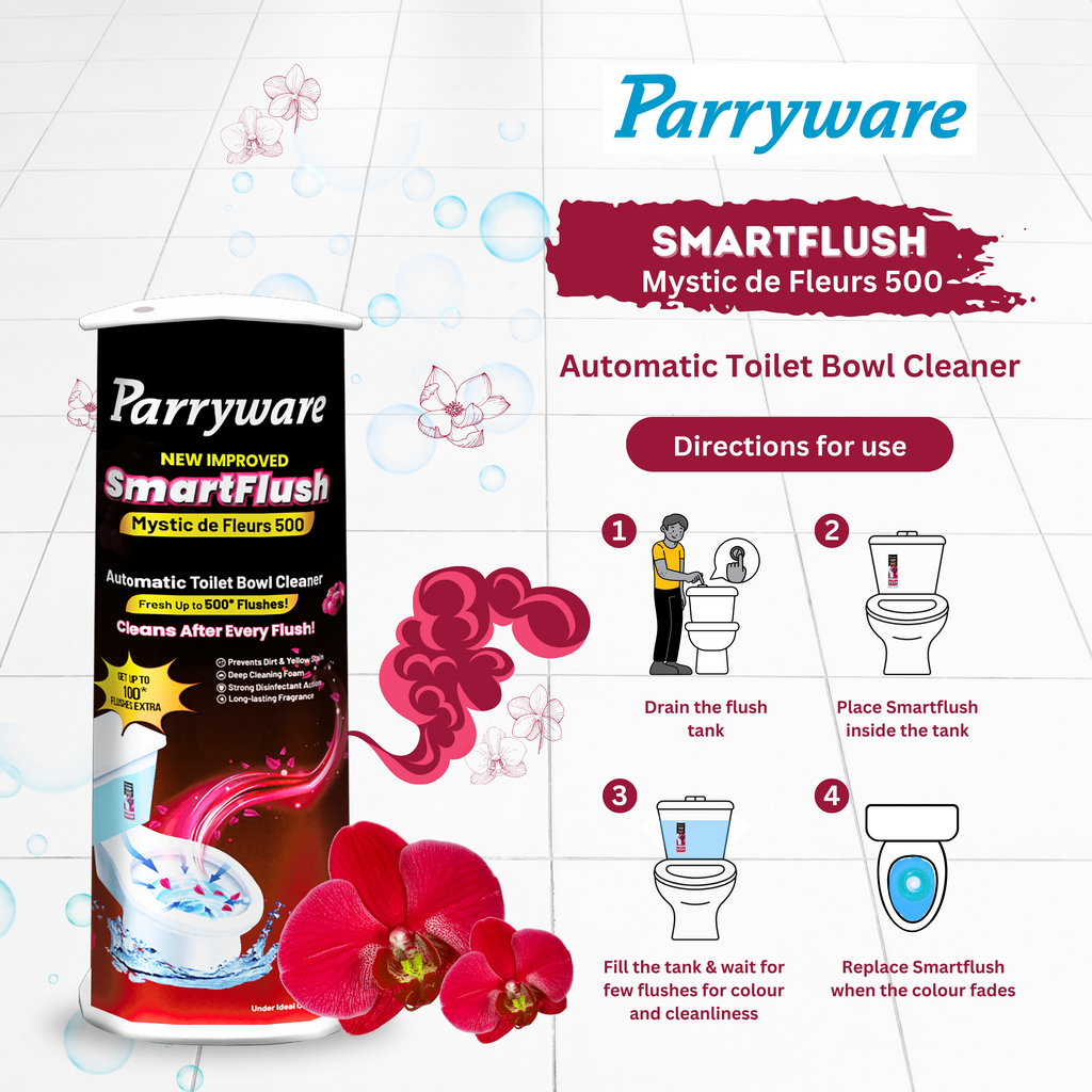 Parryware SmartFlush Mystic de Fleurs 500 In-Cistern Automatic Toilet Bowl Cleaner 180g | Lasts upto 600* Flushes | 99.9% Disinfection | Cleans after every flushes - FCSF0303