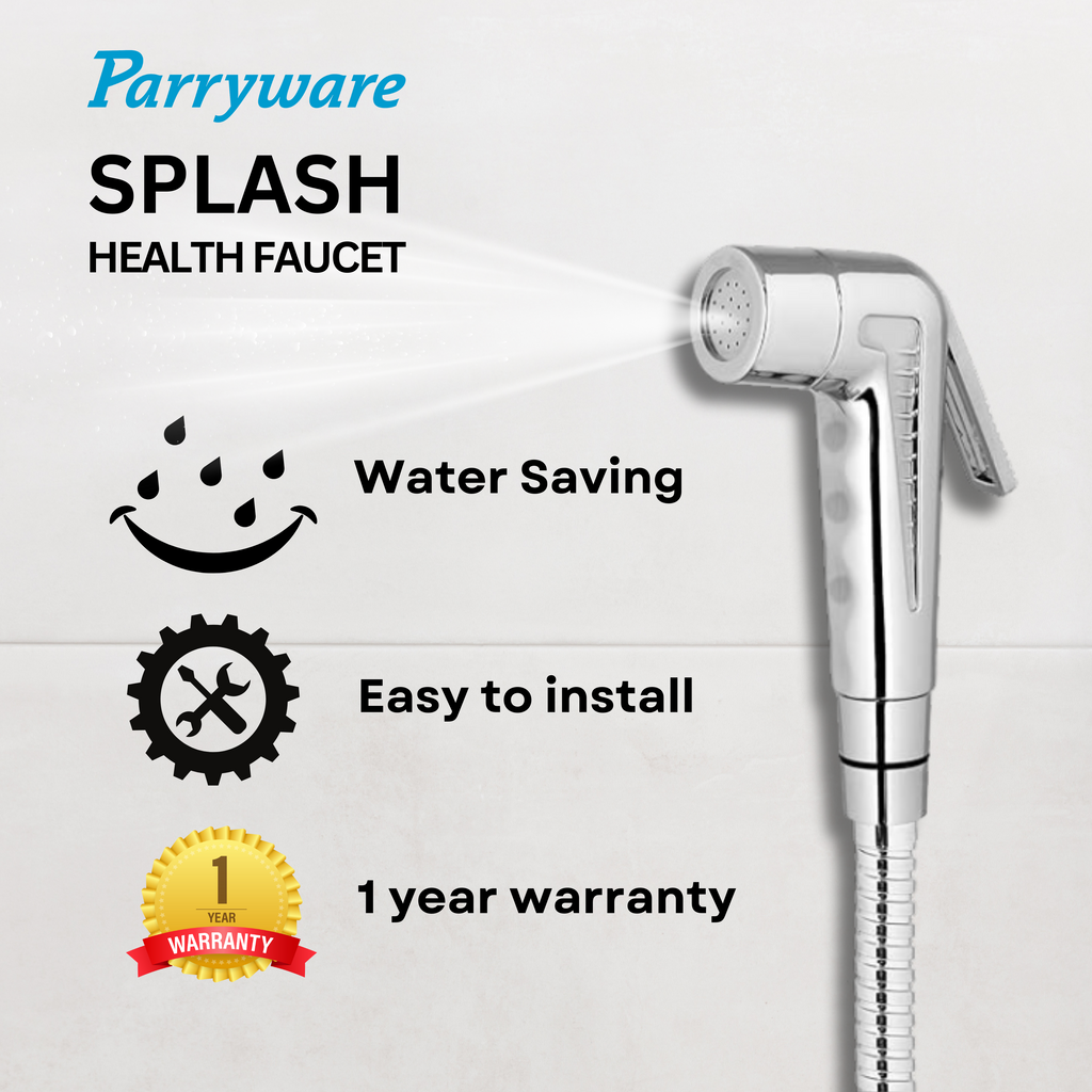 PARRYWARE Splash Series Health Faucet/Toilet Gun (Stainless Steel) | PVC Pipe, Wall Hook Included, ABS Body | Toilet Spray Gun/Health Faucet Set with Pipe/Hose and Wall Hook | T9805A1