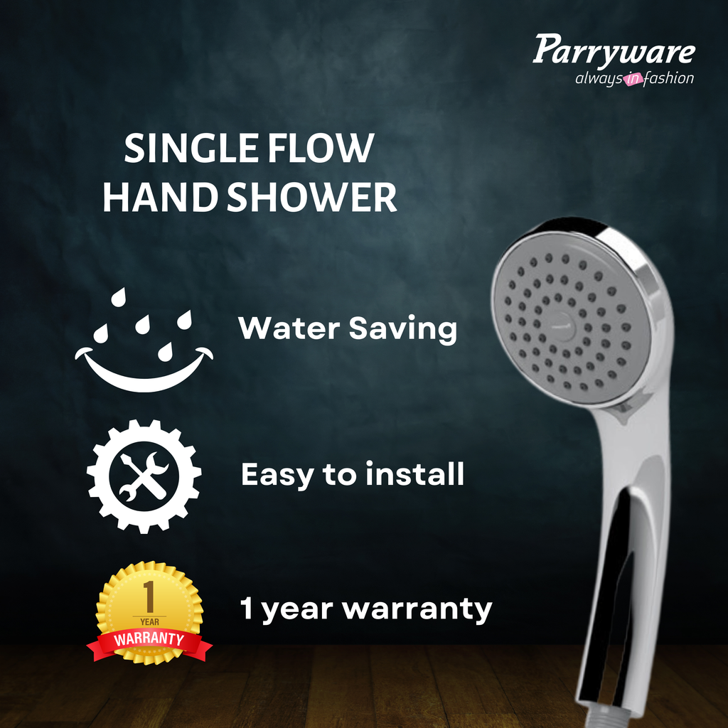 Parryware Single Flow Hand Shower With Hose & Clutch | Handheld Shower for Bathroom with Steel Flexible Tube Pipe 1 Meter/Hand Shower with Hose Pipe for Home/Hotel | Chrome Finish | E8376A1