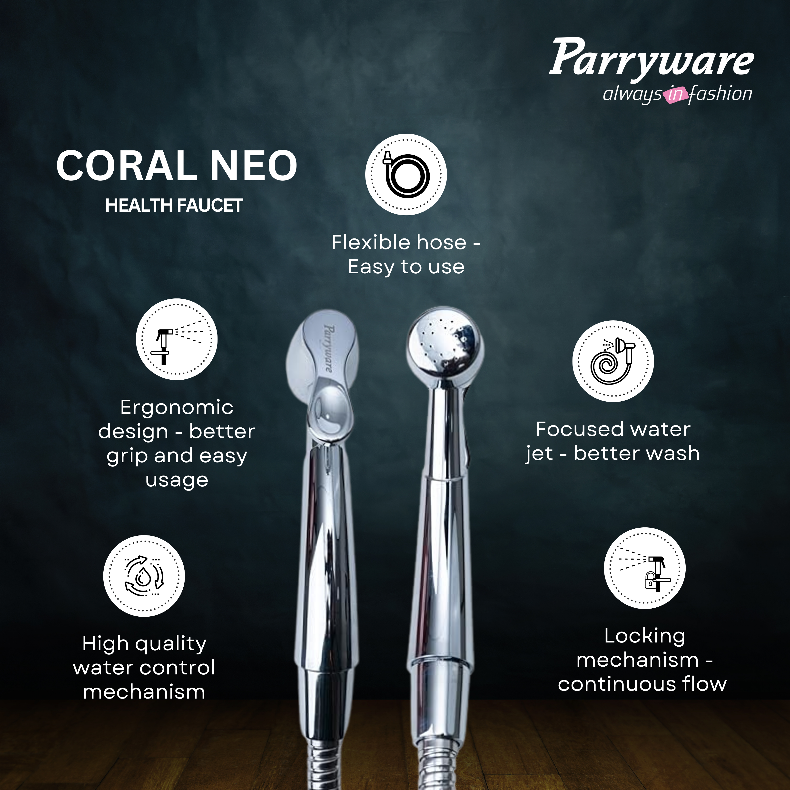 Parryware Coral Neo Health Faucet with Hose for Bathroom Fittings | for Effortless & Effective Cleaning | Original Bidet Spray from Parryware | E8353A1