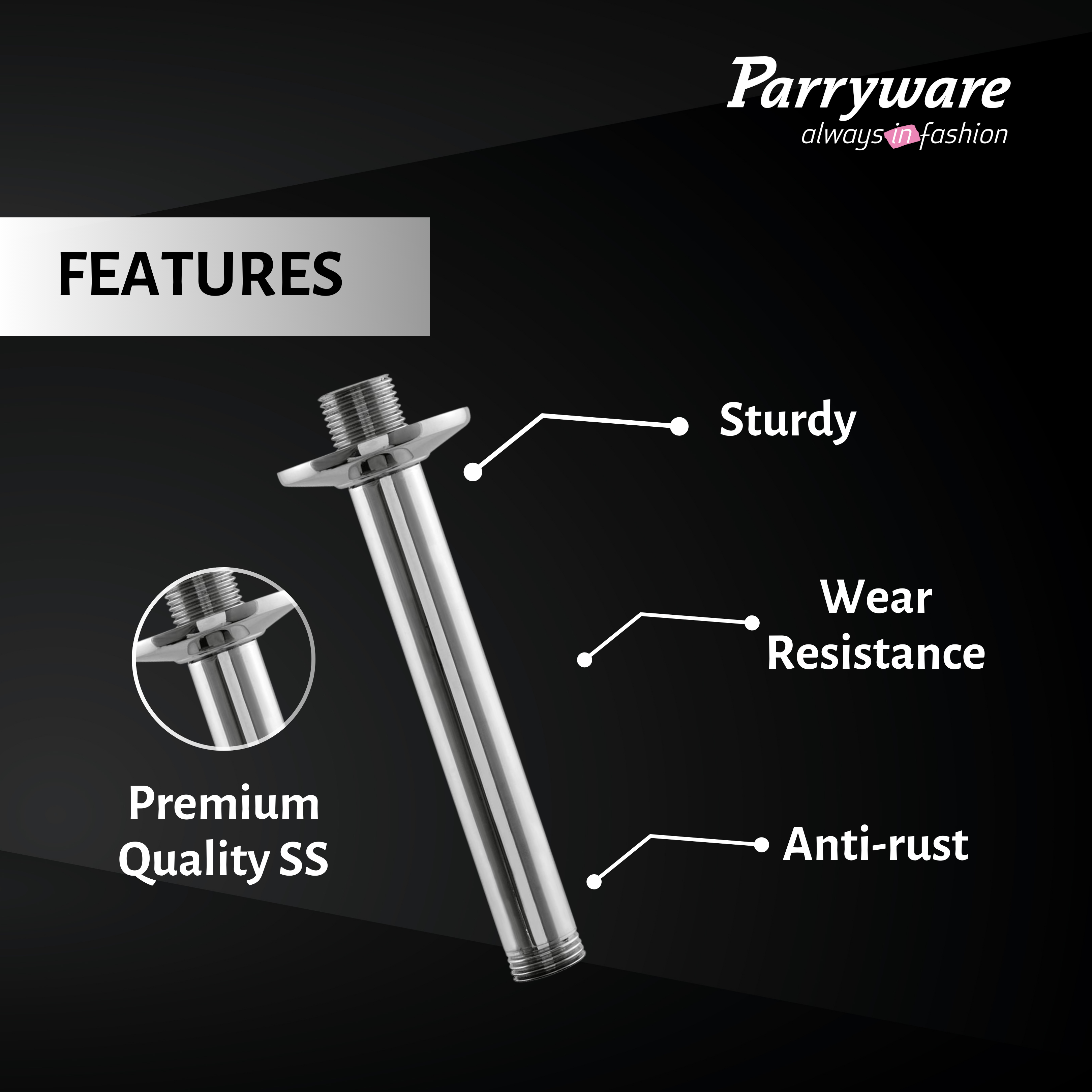 Parryware Stainless Steel Shower Arm for Ceiling Showers | Ceiling Shower Arm with Flange (100mm) | Chrome Finish | Corrosion-Resistant, Rust-Free, Durable (Shower Not Included) | T9801A1