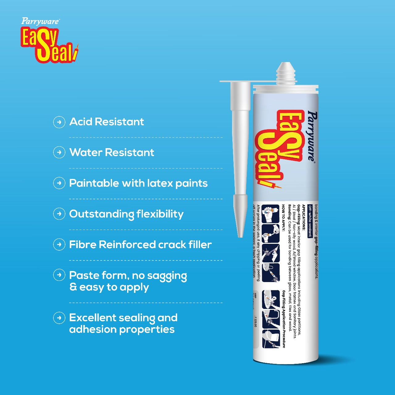 Parryware Acrylic sealant (Off-White), Durable Sealant Ideal for Crack and Joint Filling in Glass, Tiles, Ceramics & Cementitious Surfaces. Suitable for Commodes & Basins - 280 g