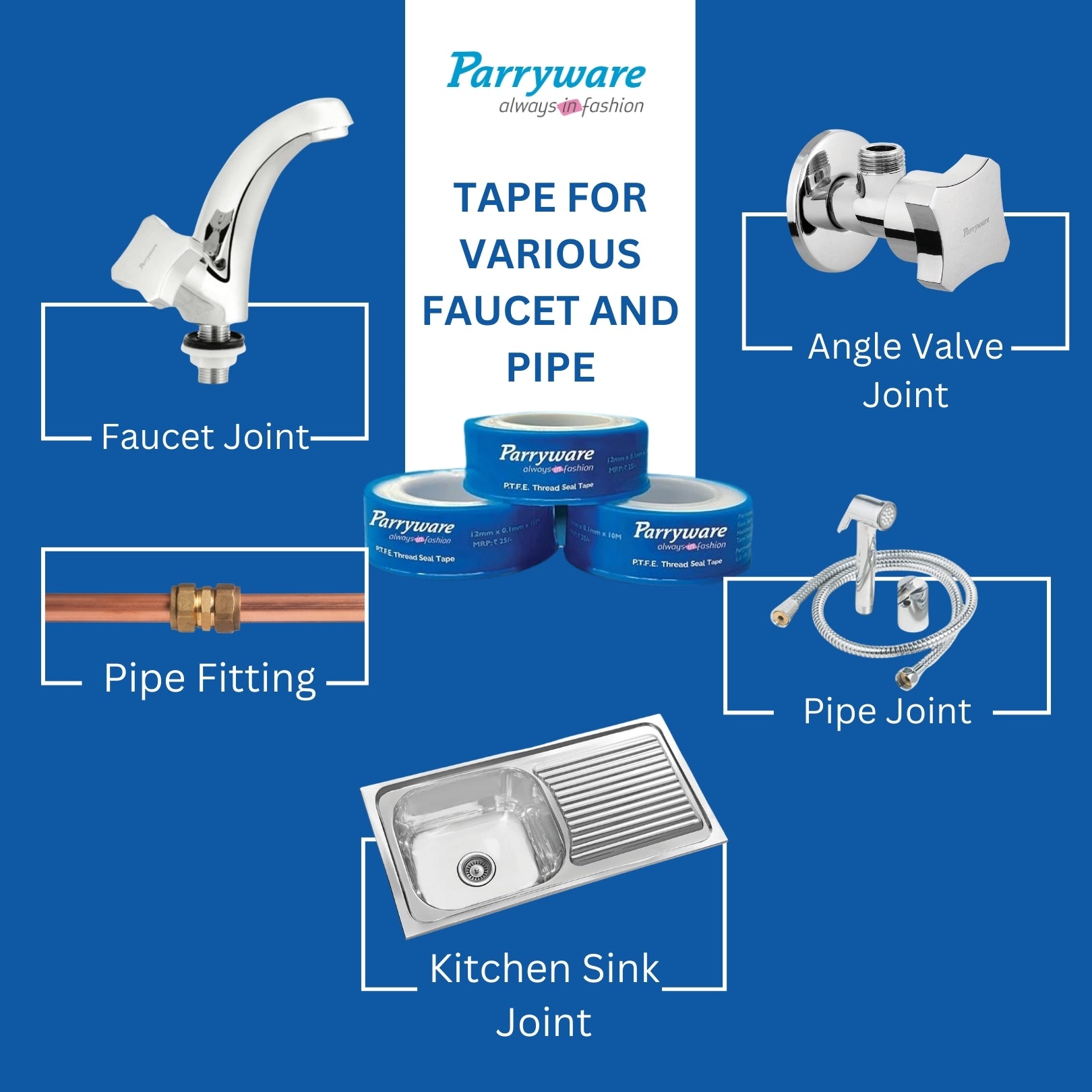 Parryware PTFE Thread Seal Tape - 10M | Leak-Proof Plumber Tape for Water Pipe Sealing, Gas Fittings, Air Lines, Threaded Joints | Size - 12mm x 10 mtr | (PACK OF 40) | T516099