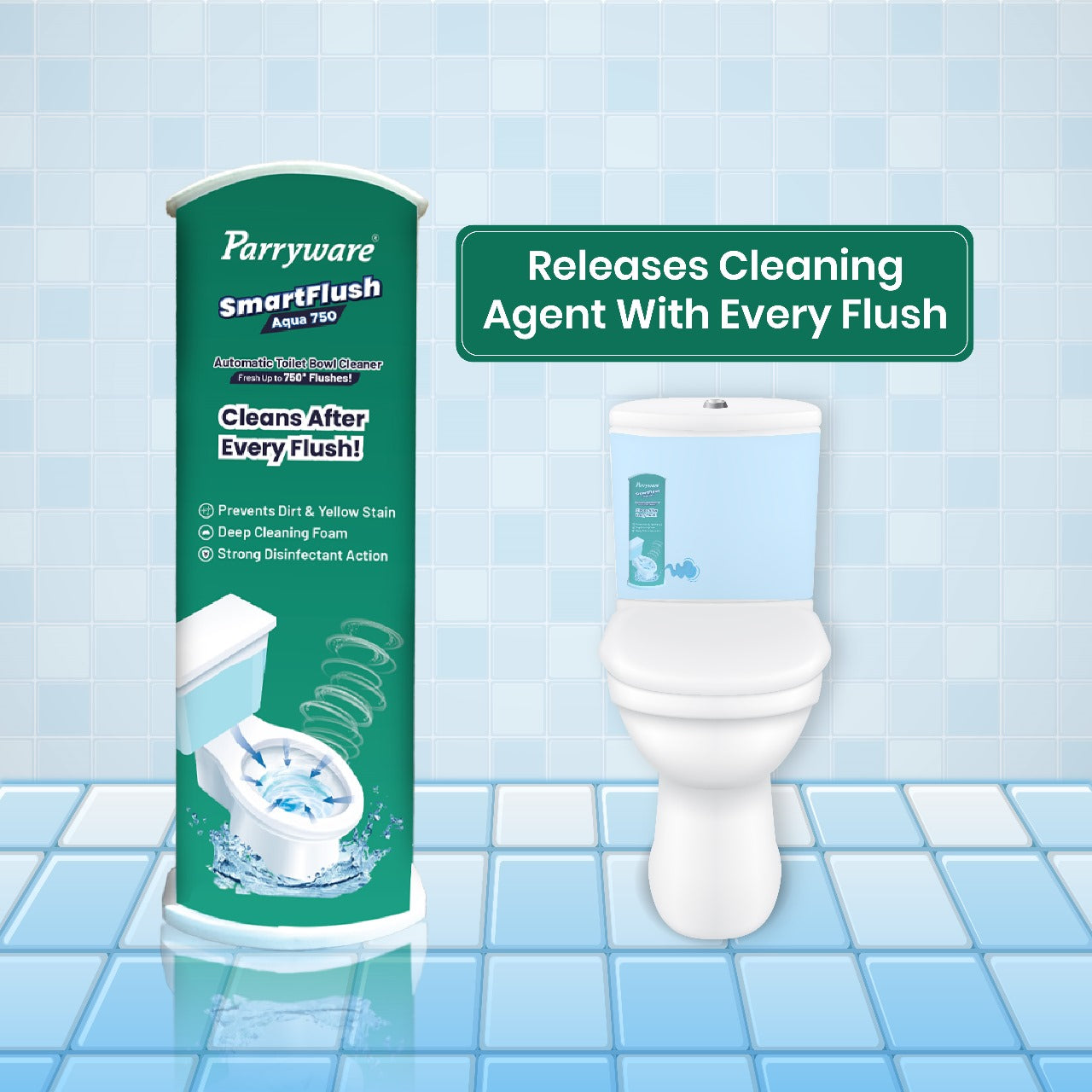 Parryware SmartFlush In-Cistern Automatic Toilet Bowl Cleaner - Aqua 750 180g (Fragrance Free) | Lasts upto 750* Flushes | 99.9% Disinfection | Cleans after every flushes- FCSF0103