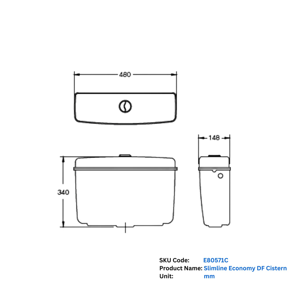 PARRYWARE SLIMLINE PREMIUM Series Polymer/PVC Dual Flush System Exposed CISTERN/Flush Tank (White) | 10-5L, Top Center Lever | for Western (WC) or Indian Commodes | E83921C