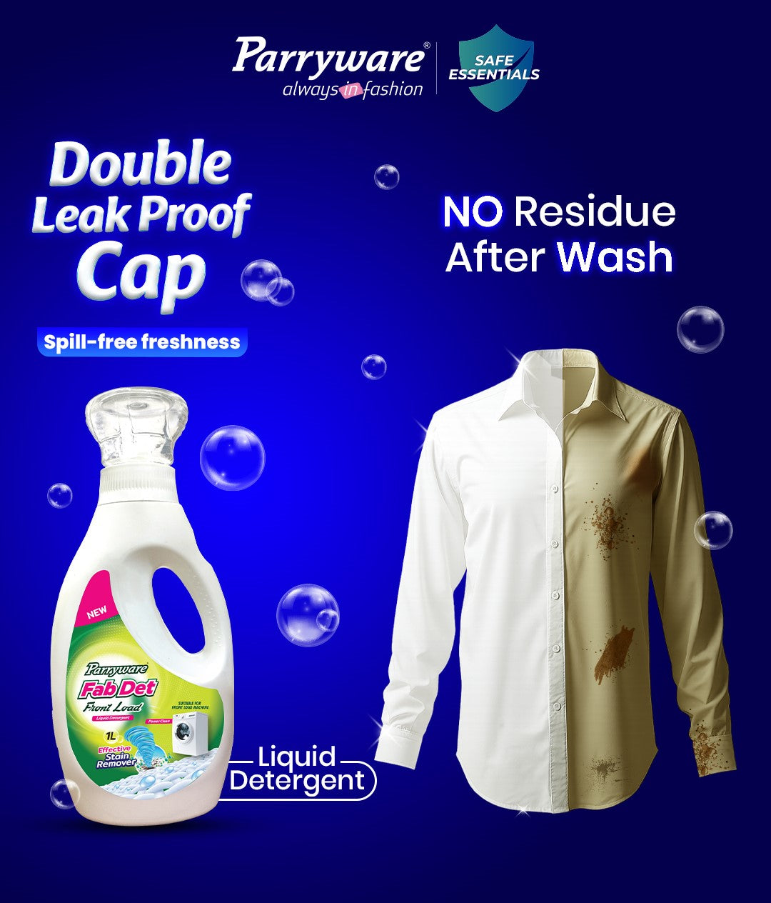 Parryware Fab Det Liquid Detergent for Front Load washing machines 1000 ml Pack | Power Clean Formula | Removes 100 Dried Stains in 1 Wash | Dissolves Faster | Color Protection | FCLD0104