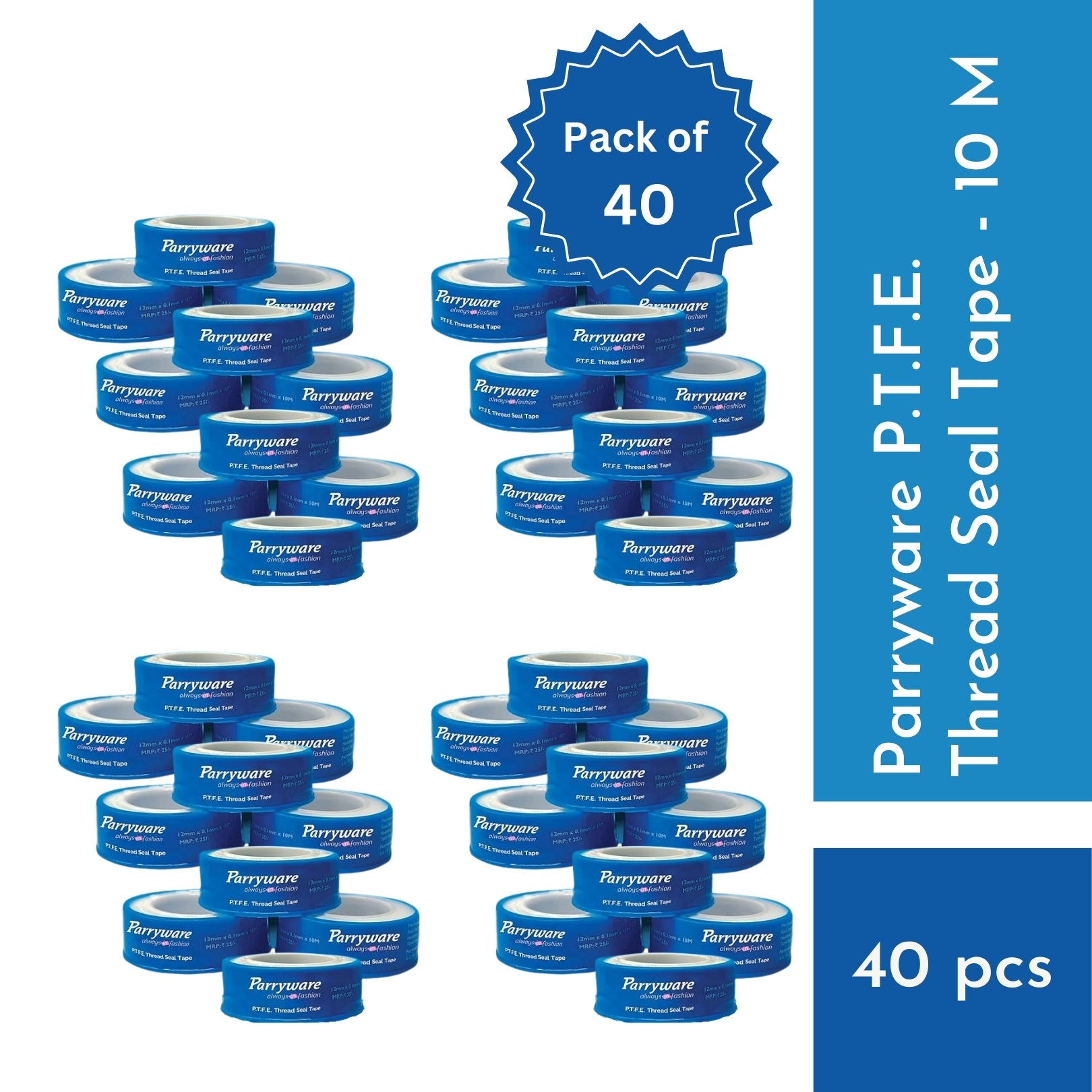 Parryware PTFE Thread Seal Tape - 10M | Leak-Proof Plumber Tape for Water Pipe Sealing, Gas Fittings, Air Lines, Threaded Joints | Size - 12mm x 10 mtr | (PACK OF 40) | T516099