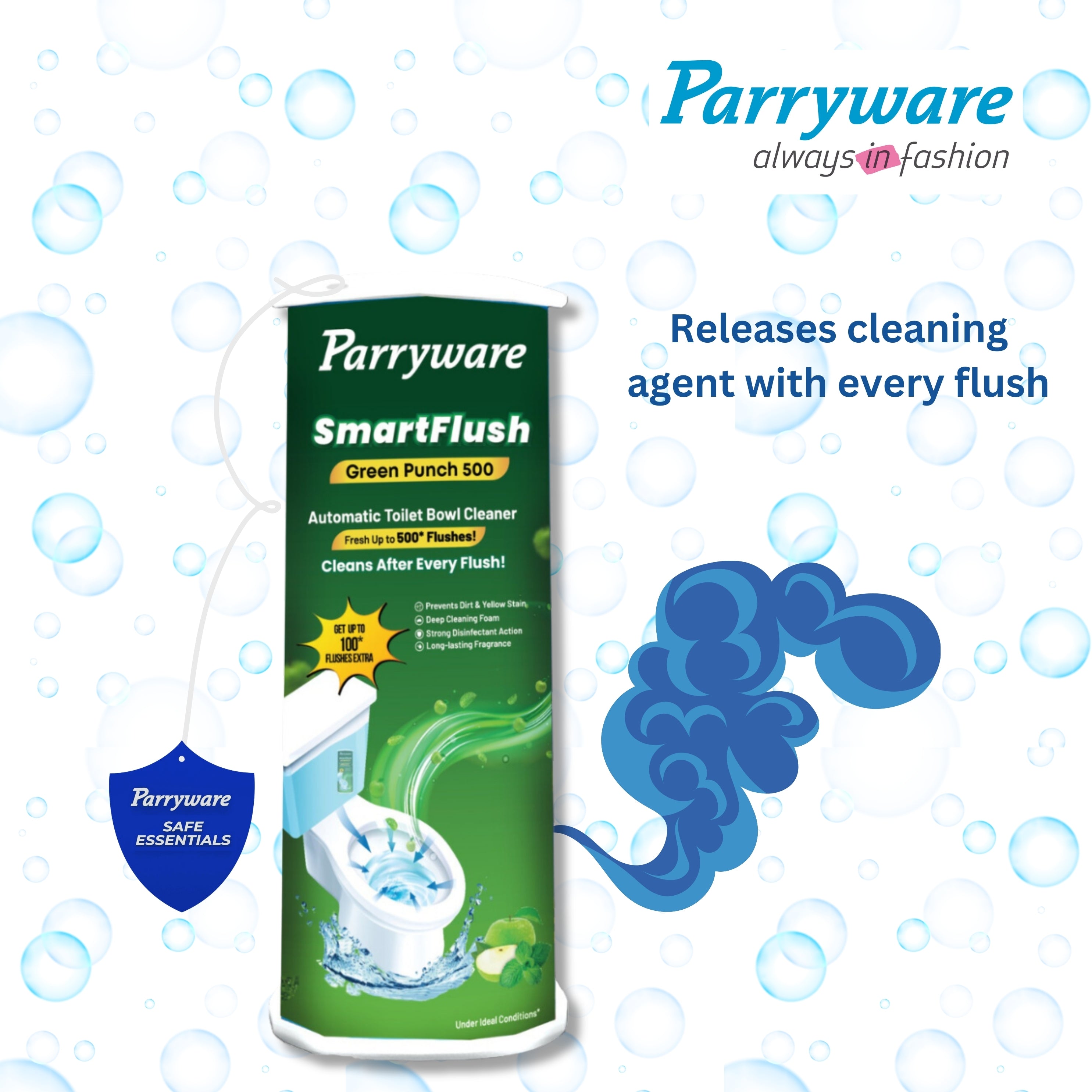 Parryware SmartFlush Green Punch 500 In-Cistern Automatic Toilet Bowl Cleaner 180g | Lasts upto 600* Flushes | 99.9% Disinfection | Cleans after every flushes- FCSF0403