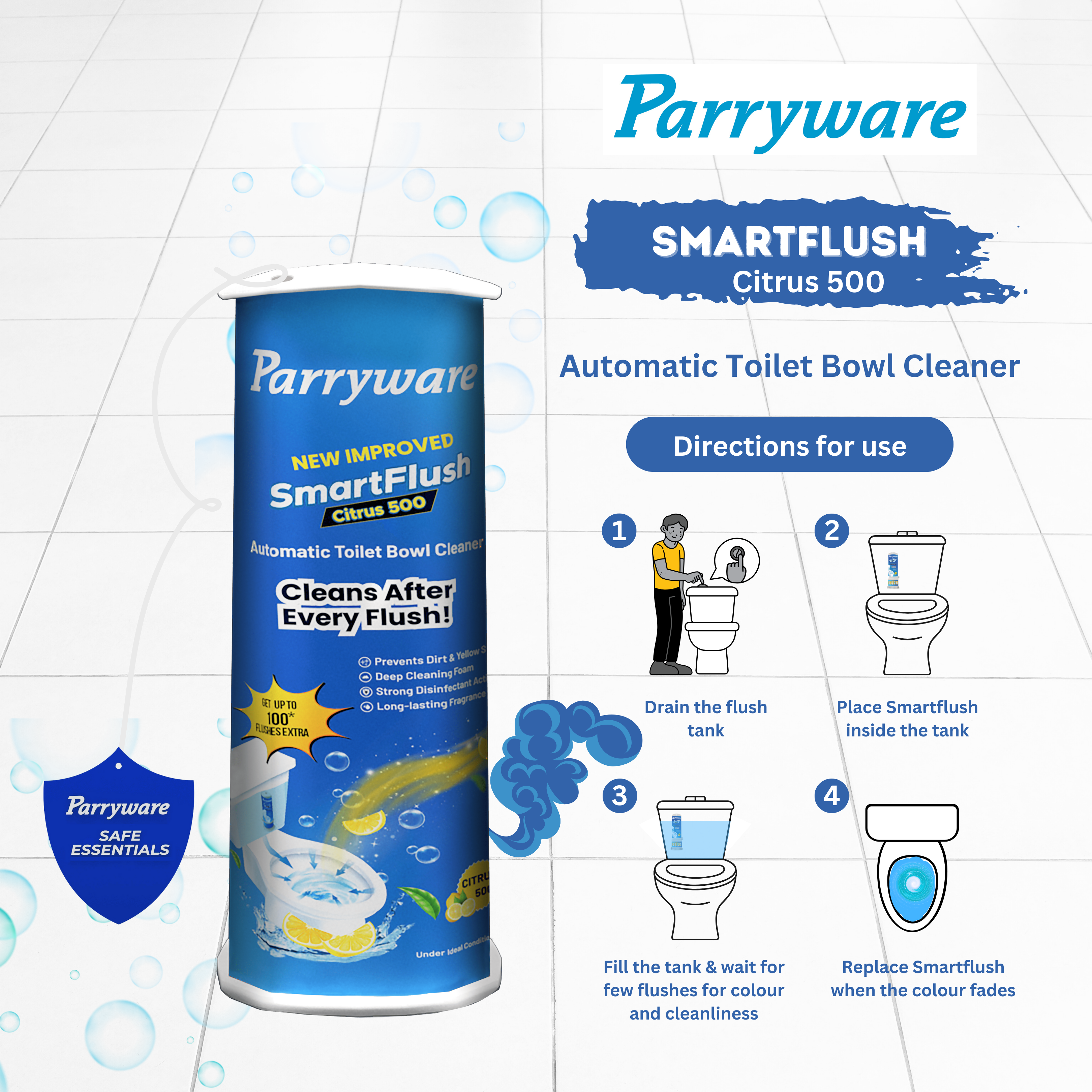 Parryware SmartFlush In-Cistern Automatic Toilet Bowl Cleaner - Citrus 500 I Lasts upto 600* Flushes | 99.9% Disinfection | Cleans after every flushes | FCSF0103