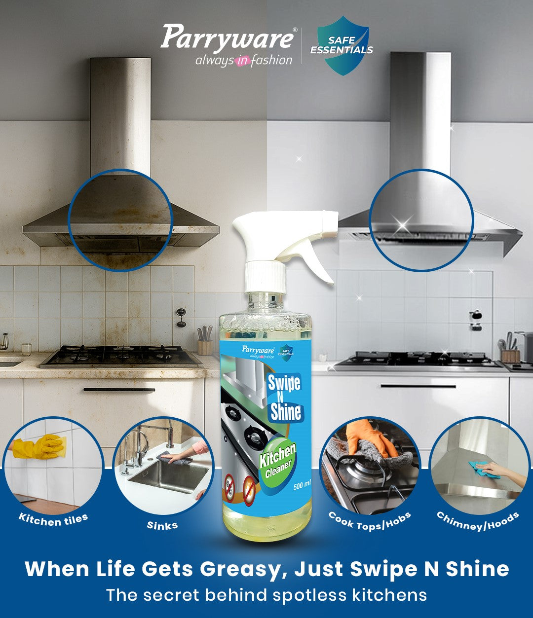 Parryware Swipe N Shine Kitchen Cleaner Spray | Heavy Duty Degreaser for Tough Grease & Stain Removal, Suitable for Chimney, Gas Stove, Hob, Tap, Tiles & Sink - 500 ml (Pack of 1)  | FCKC0103